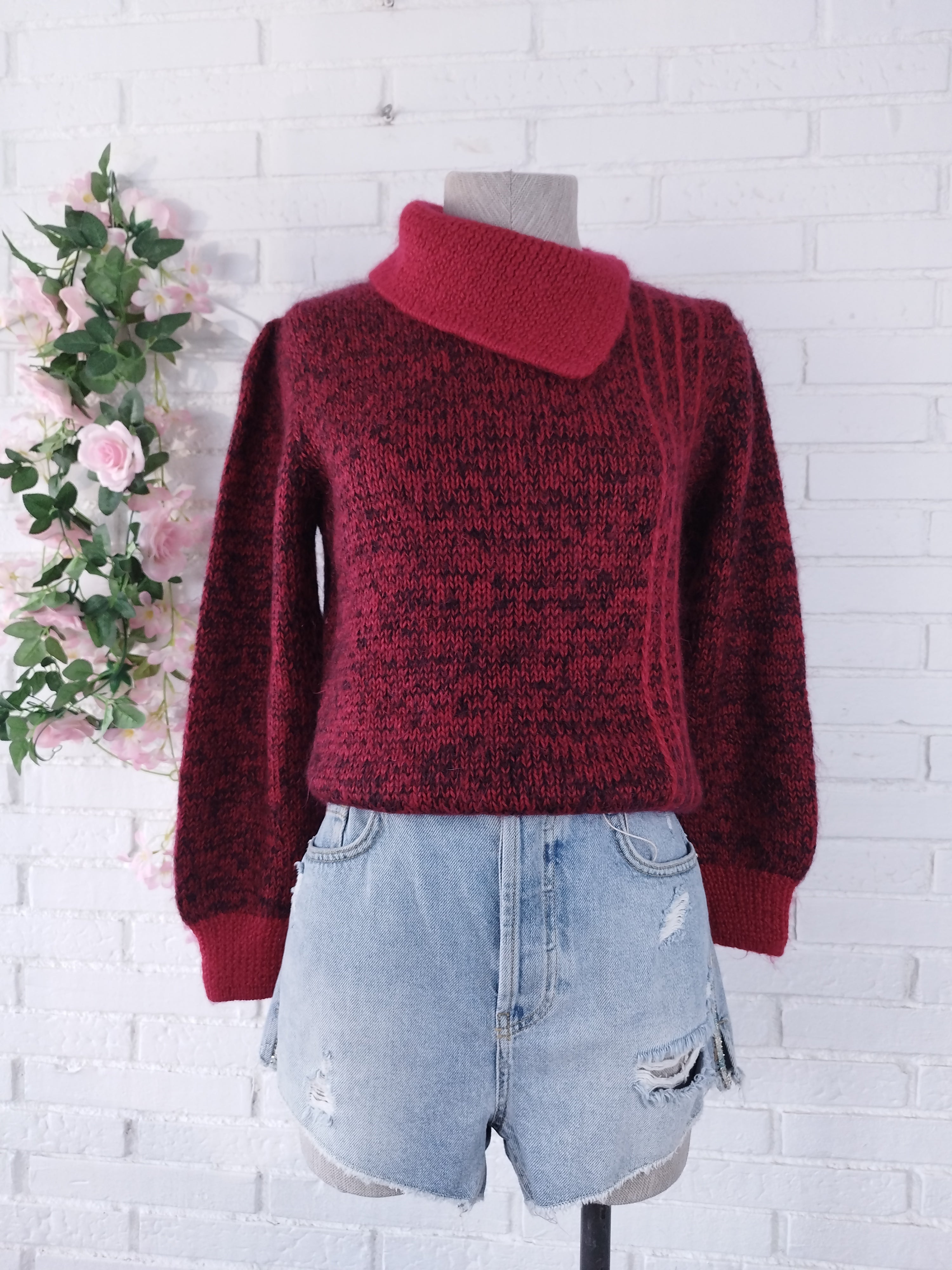 Vintage 90s Handmade Wool Sweater — Turtleneck, Asymmetric Neck &  Red-Bordeaux Mix