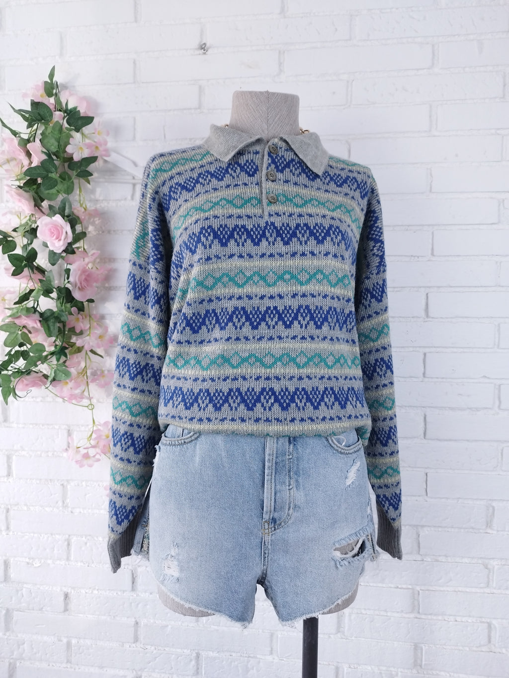 Vintage 90s Wool Knit Sweater — Made in Italy, Polo Collar & Nordic Jacquard