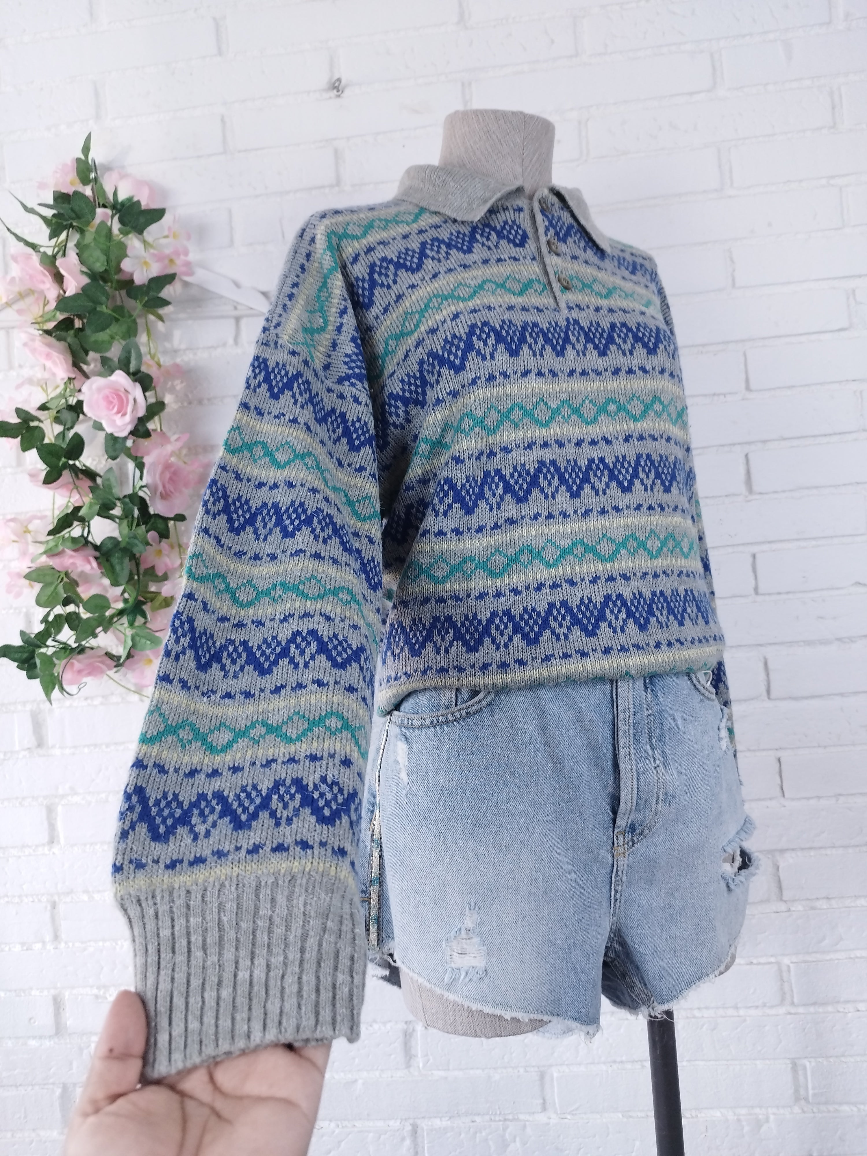 Vintage 90s Wool Knit Sweater — Made in Italy, Polo Collar & Nordic Jacquard