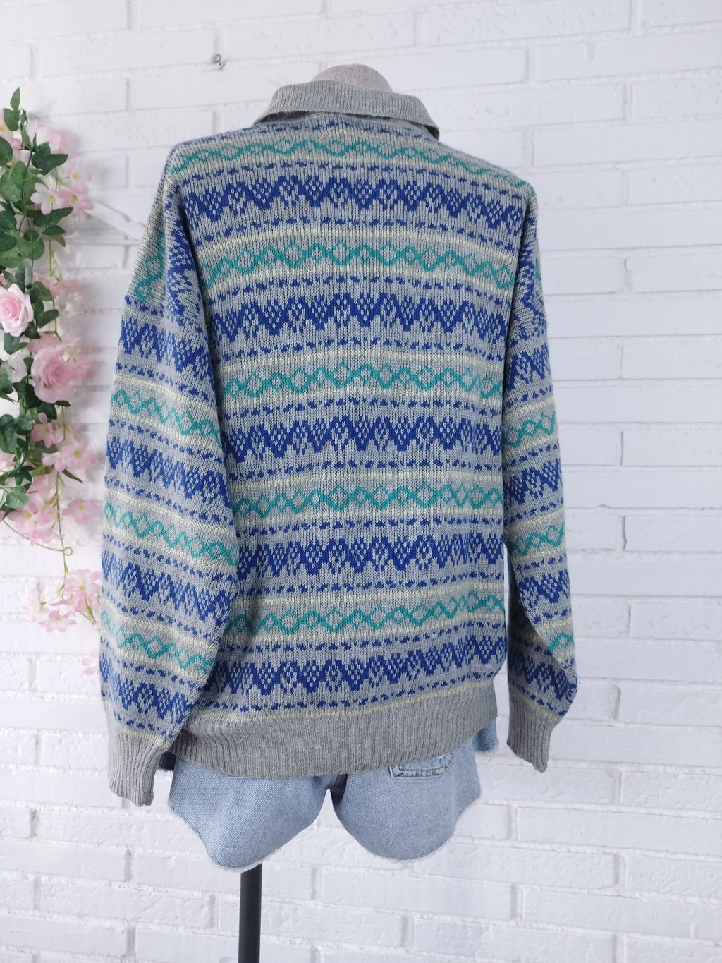 Vintage 90s Wool Knit Sweater — Made in Italy, Polo Collar & Nordic Jacquard