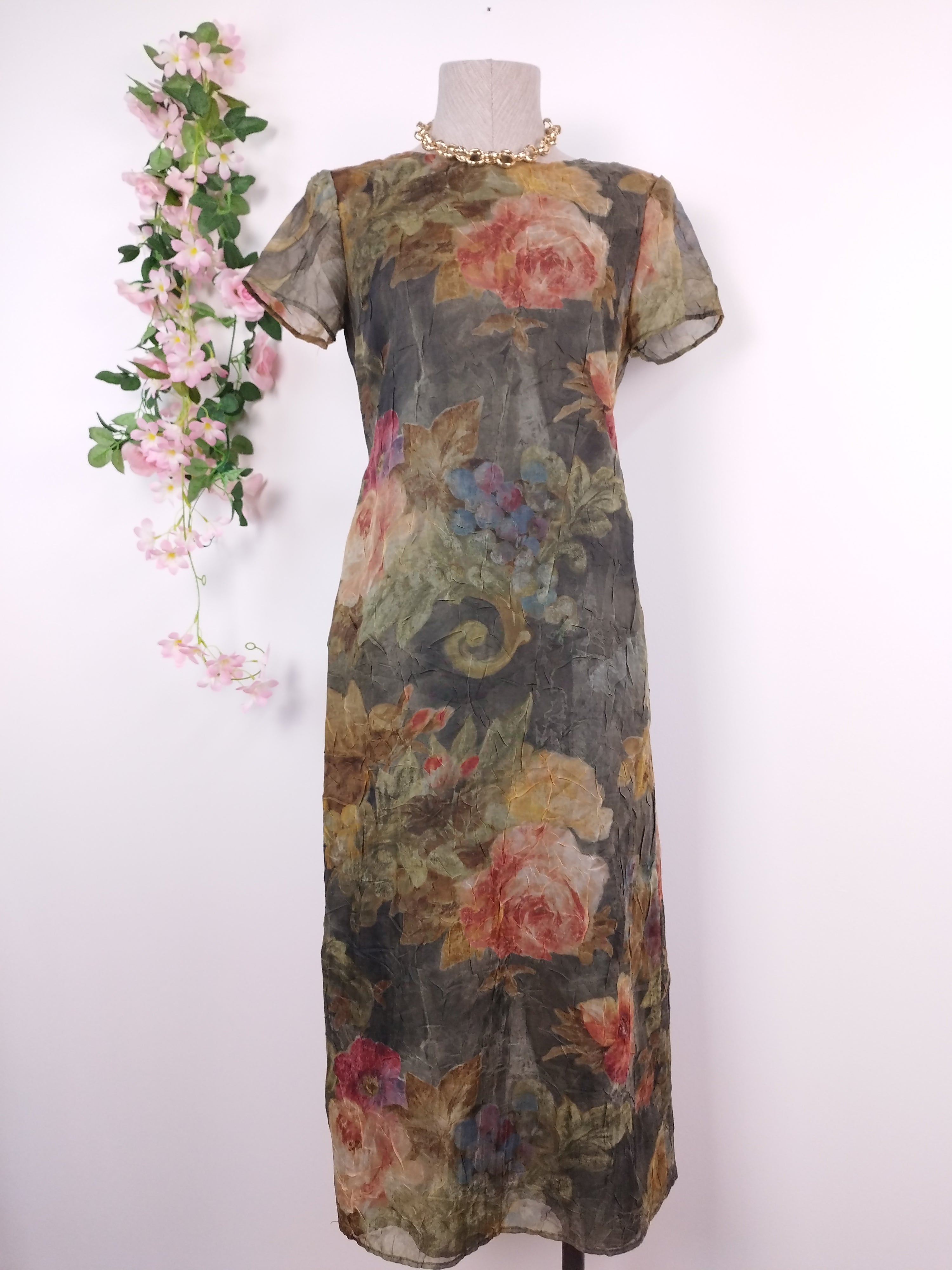 Vintage 80s Chiffon Organza Dress — Short Sleeves, Round Neck, Back Tie & Floral Print
