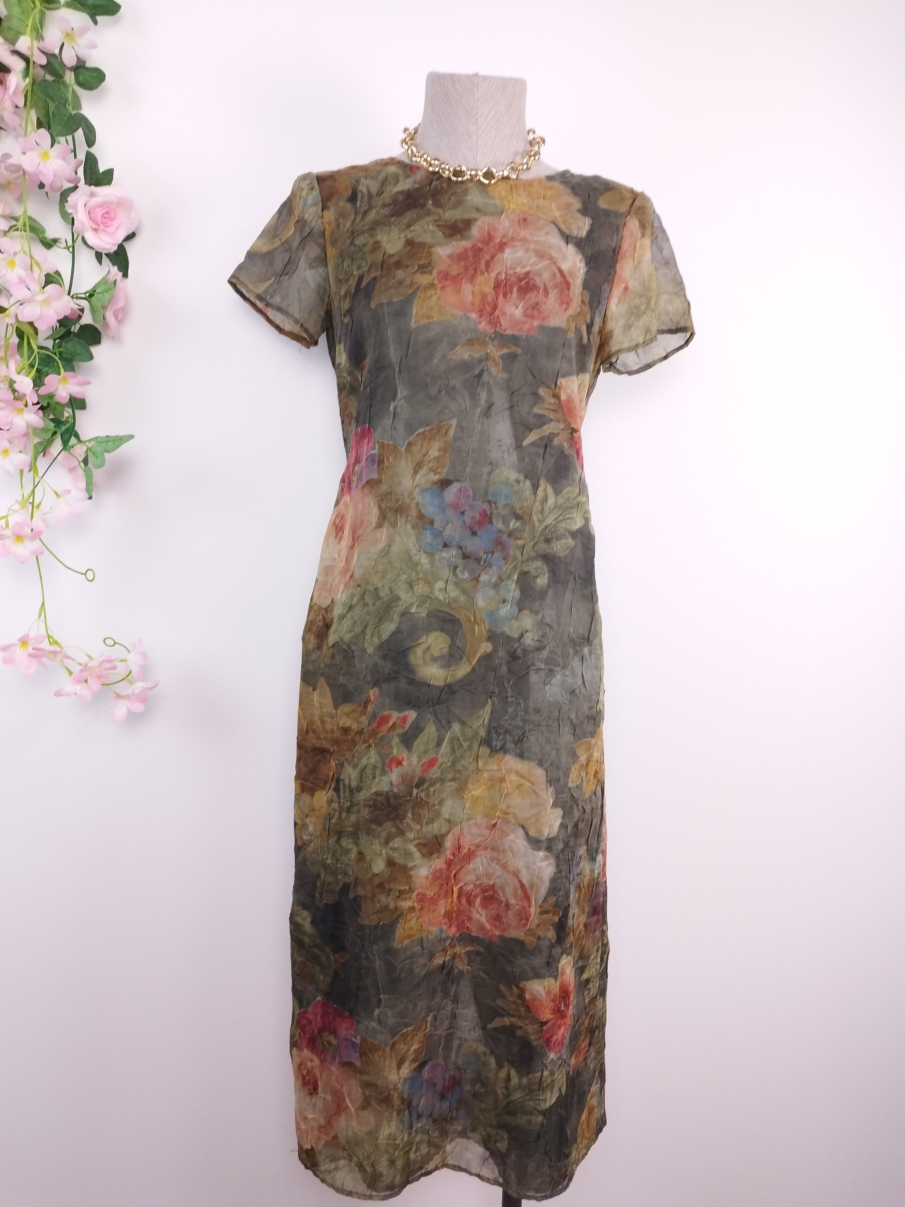Vintage 80s Chiffon Organza Dress — Short Sleeves, Round Neck, Back Tie & Floral Print
