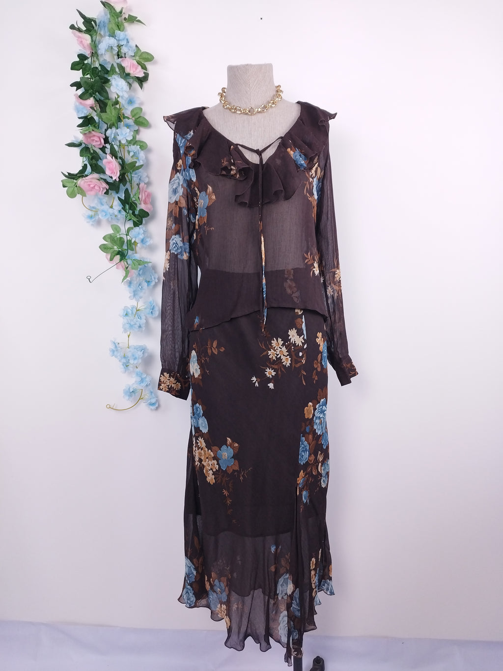Ensemble blouse et jupe vintage années 90 à motif floral