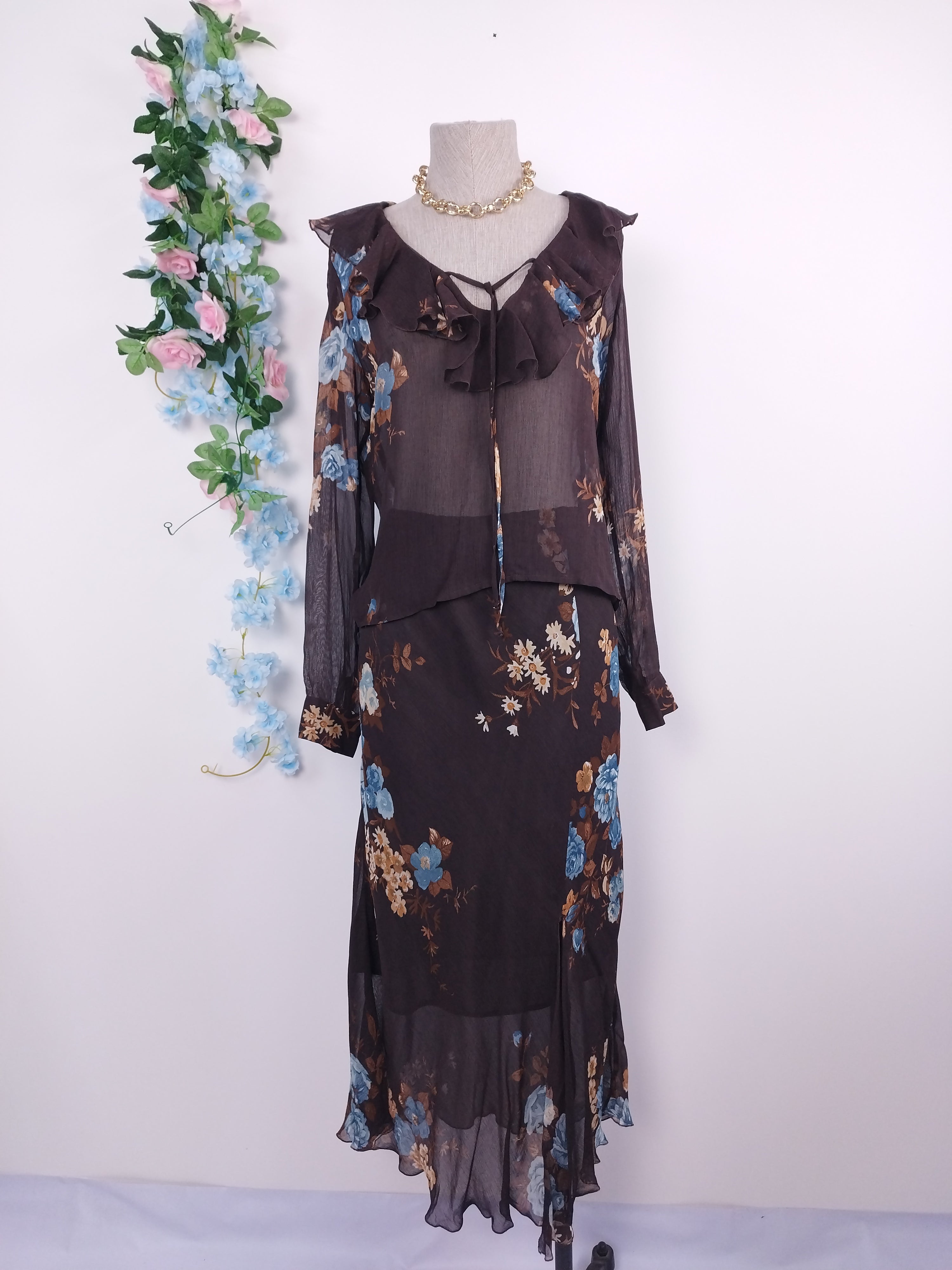 Ensemble blouse et jupe vintage années 90 à motif floral