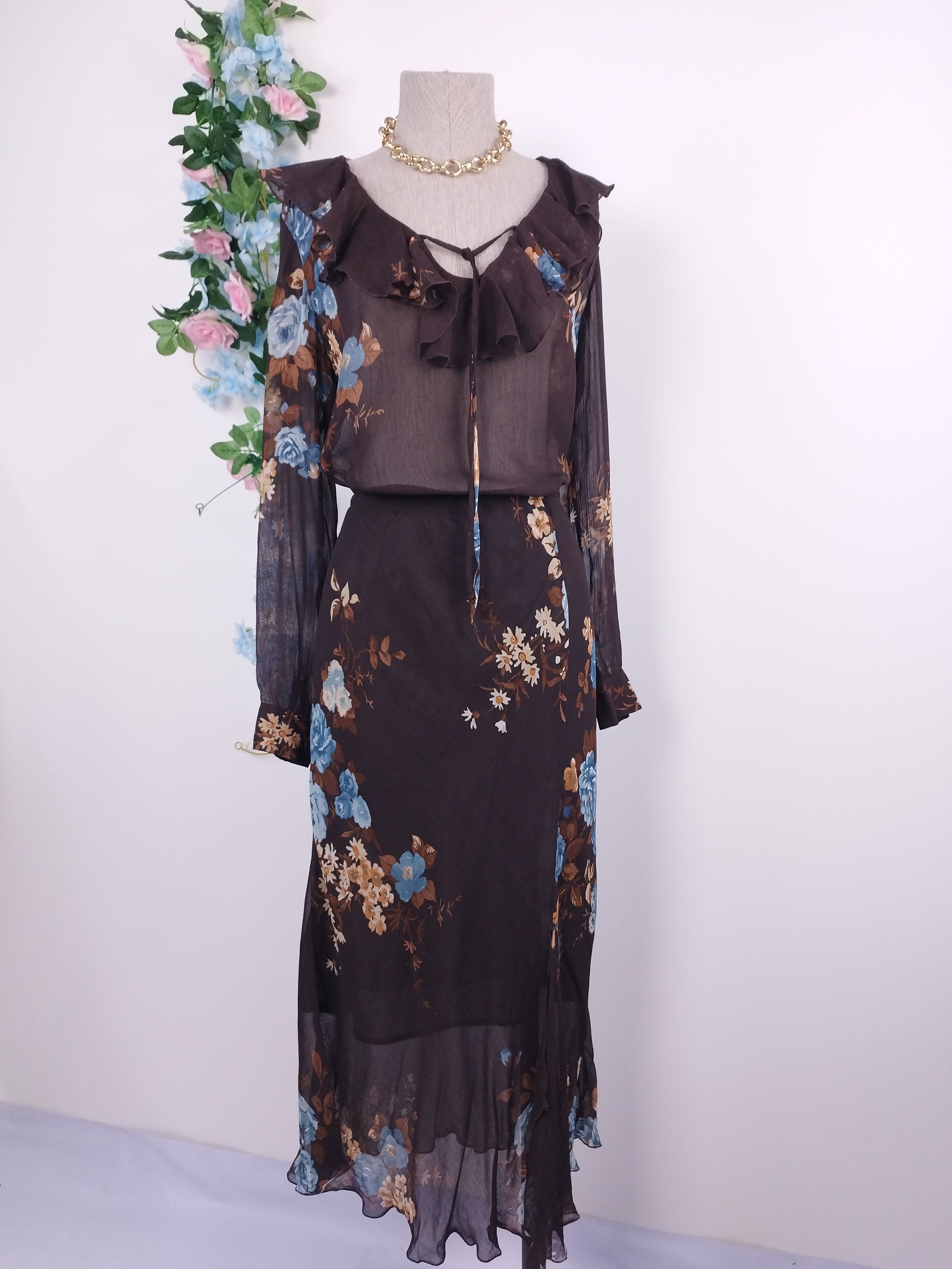 Ensemble blouse et jupe vintage années 90 à motif floral