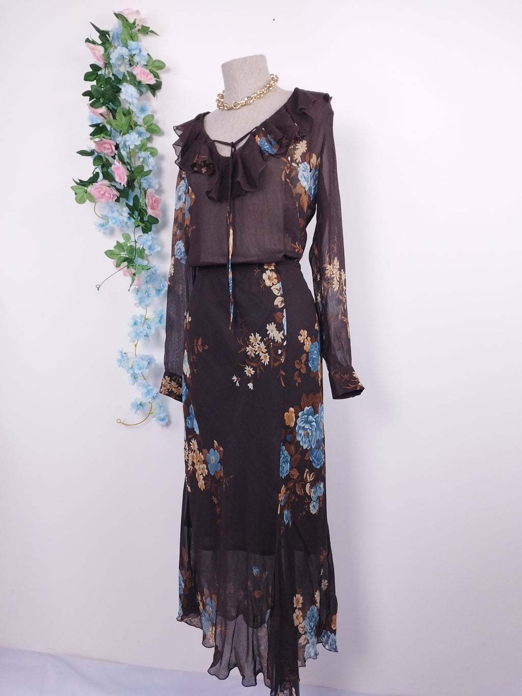 Ensemble blouse et jupe vintage années 90 à motif floral