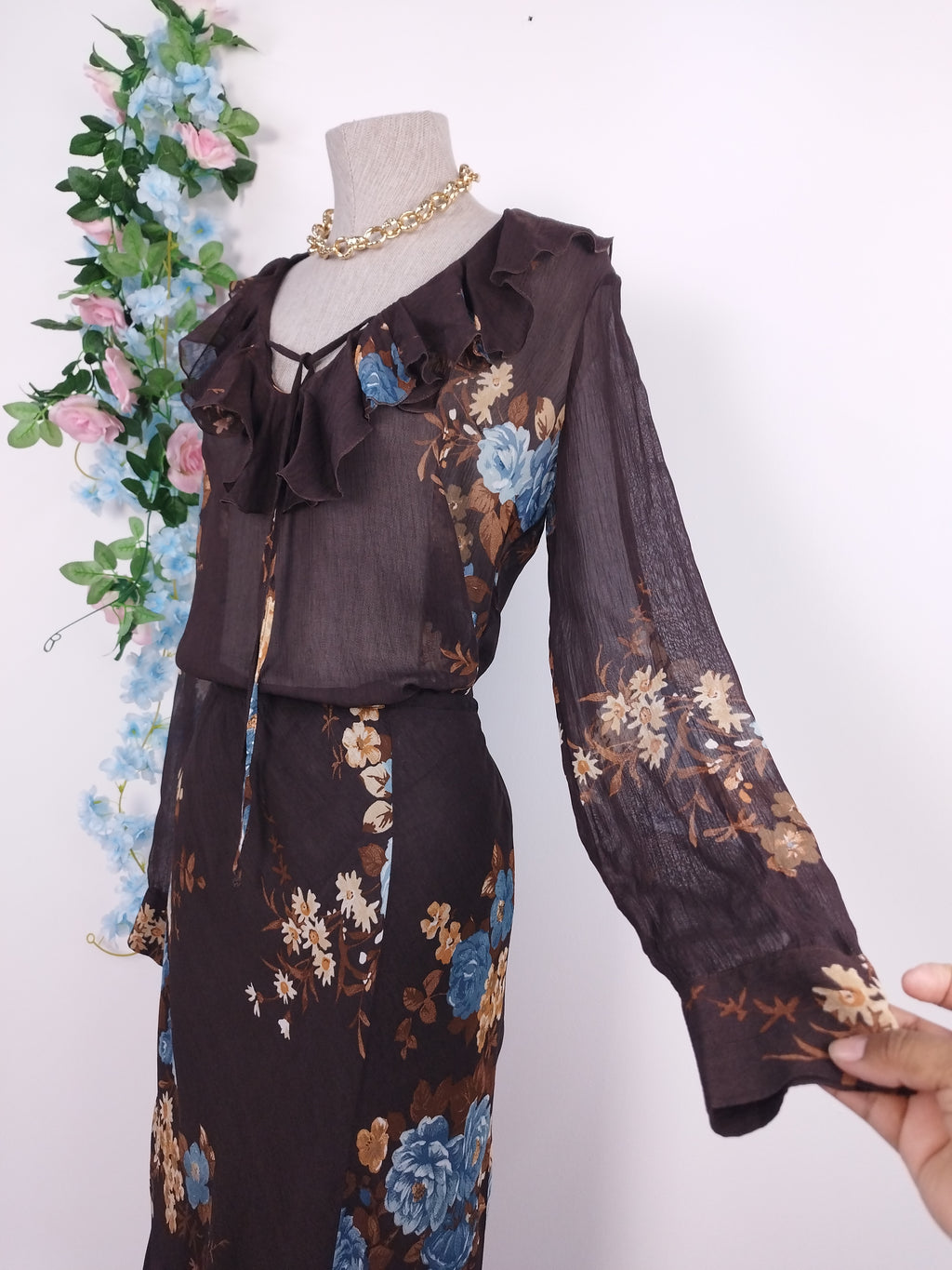 Ensemble blouse et jupe vintage années 90 à motif floral