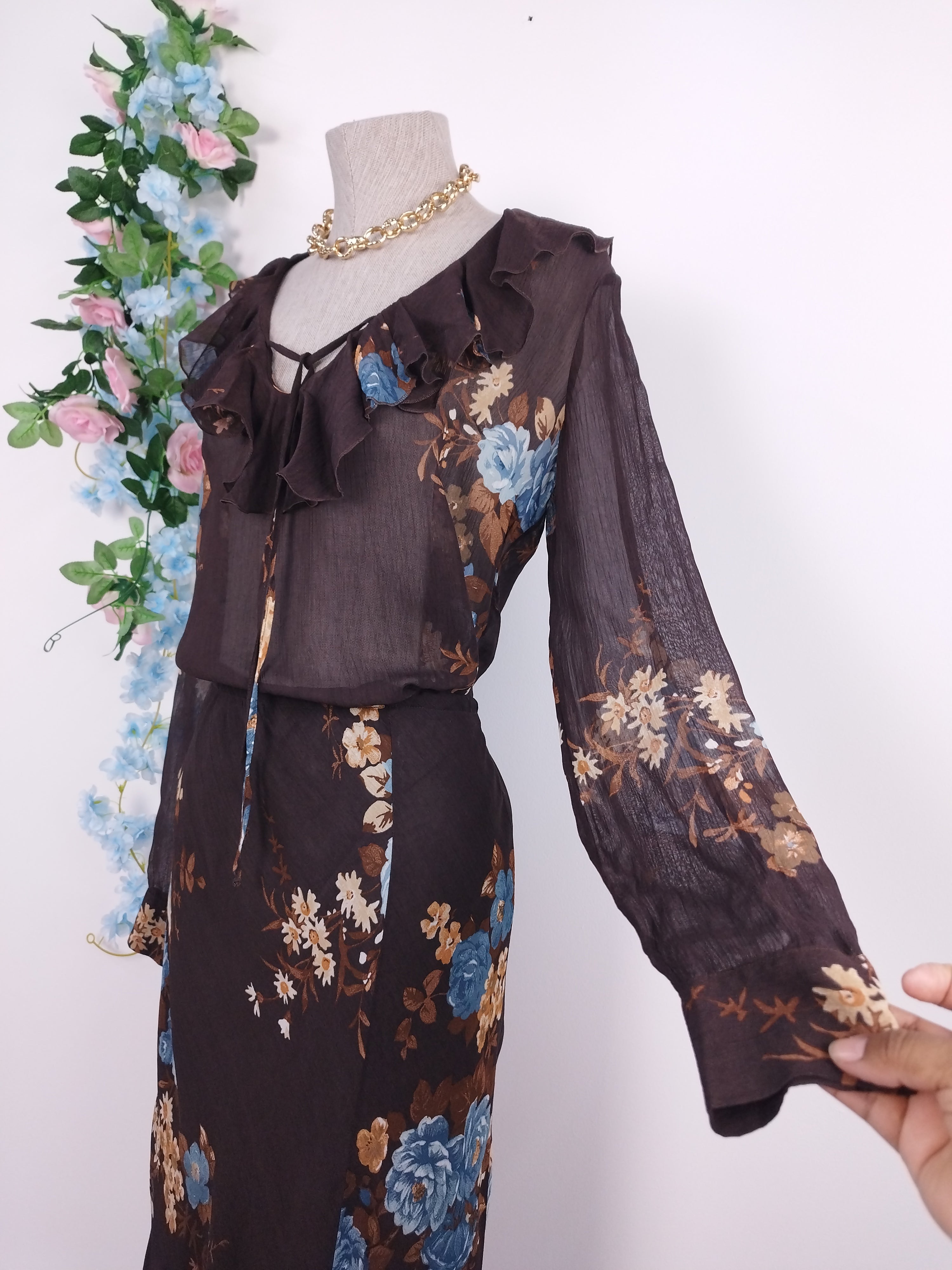 Ensemble blouse et jupe vintage années 90 à motif floral