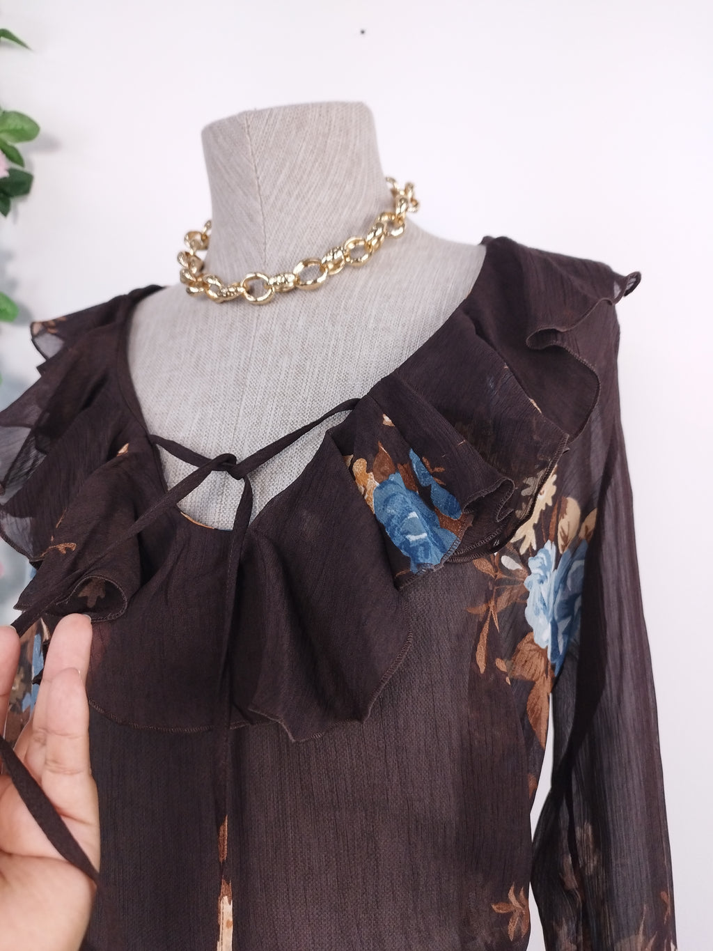 Ensemble blouse et jupe vintage années 90 à motif floral