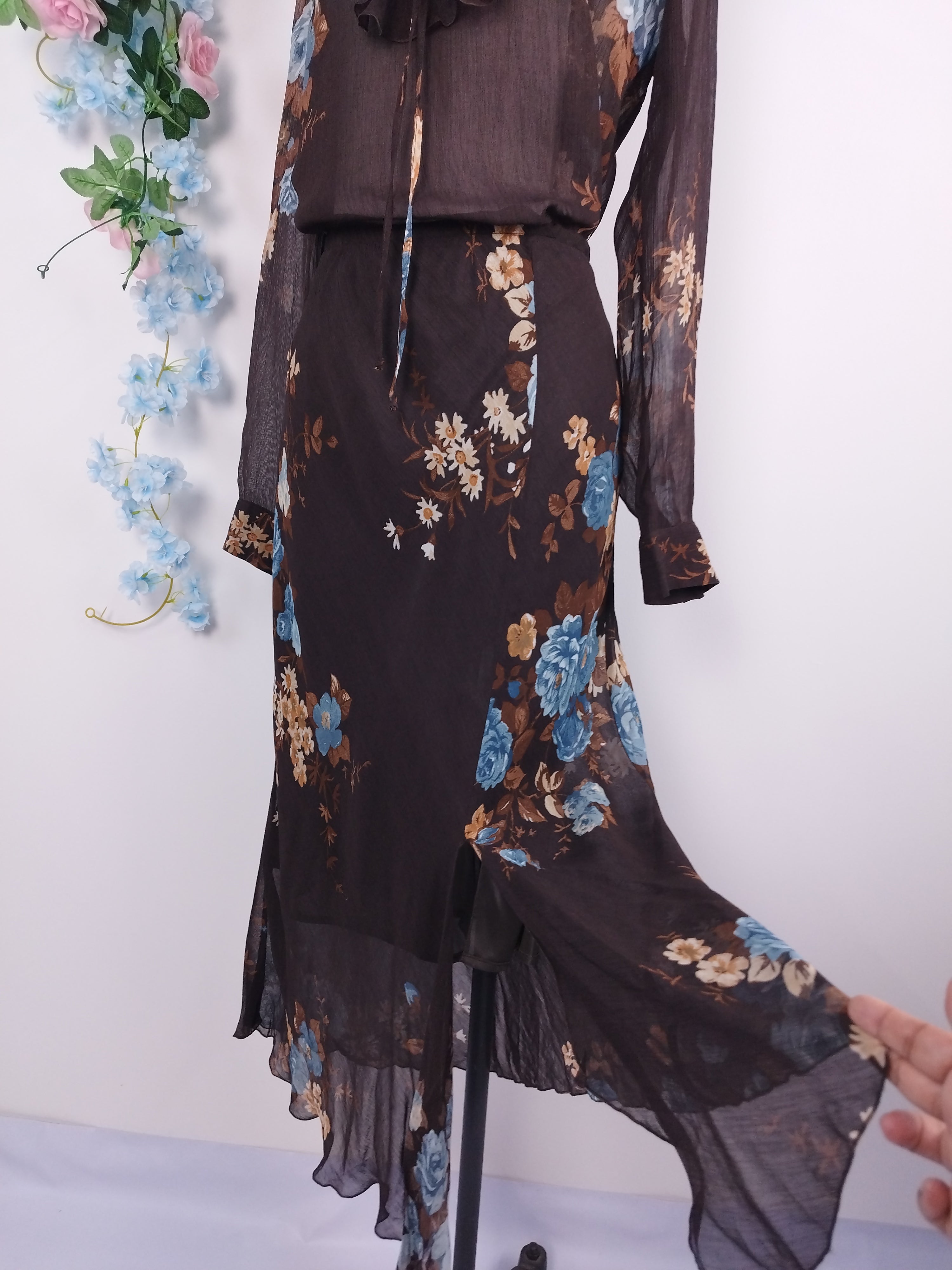 Ensemble blouse et jupe vintage années 90 à motif floral