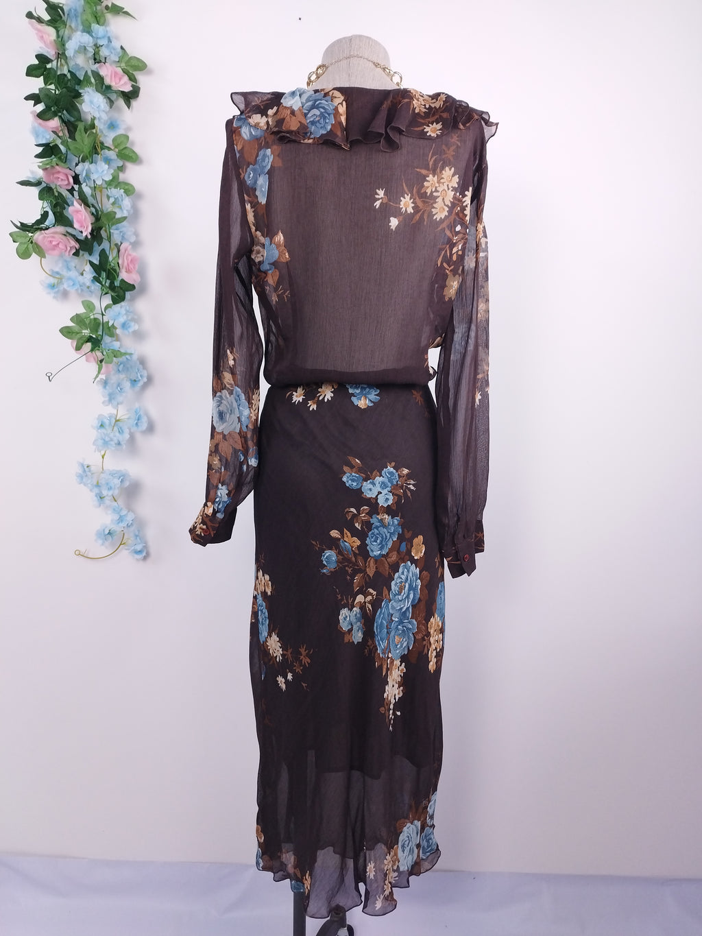 Ensemble blouse et jupe vintage années 90 à motif floral