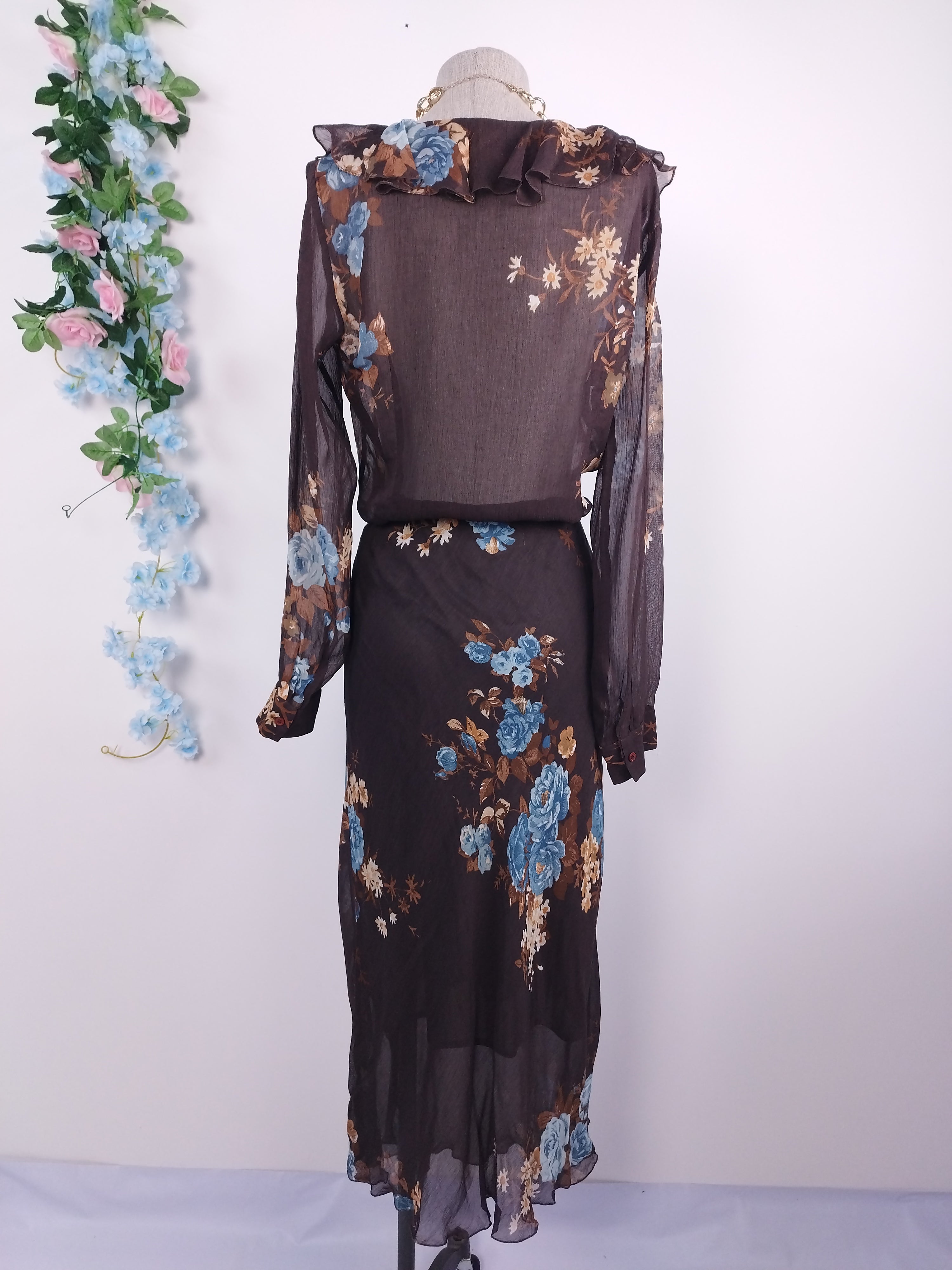 Ensemble blouse et jupe vintage années 90 à motif floral