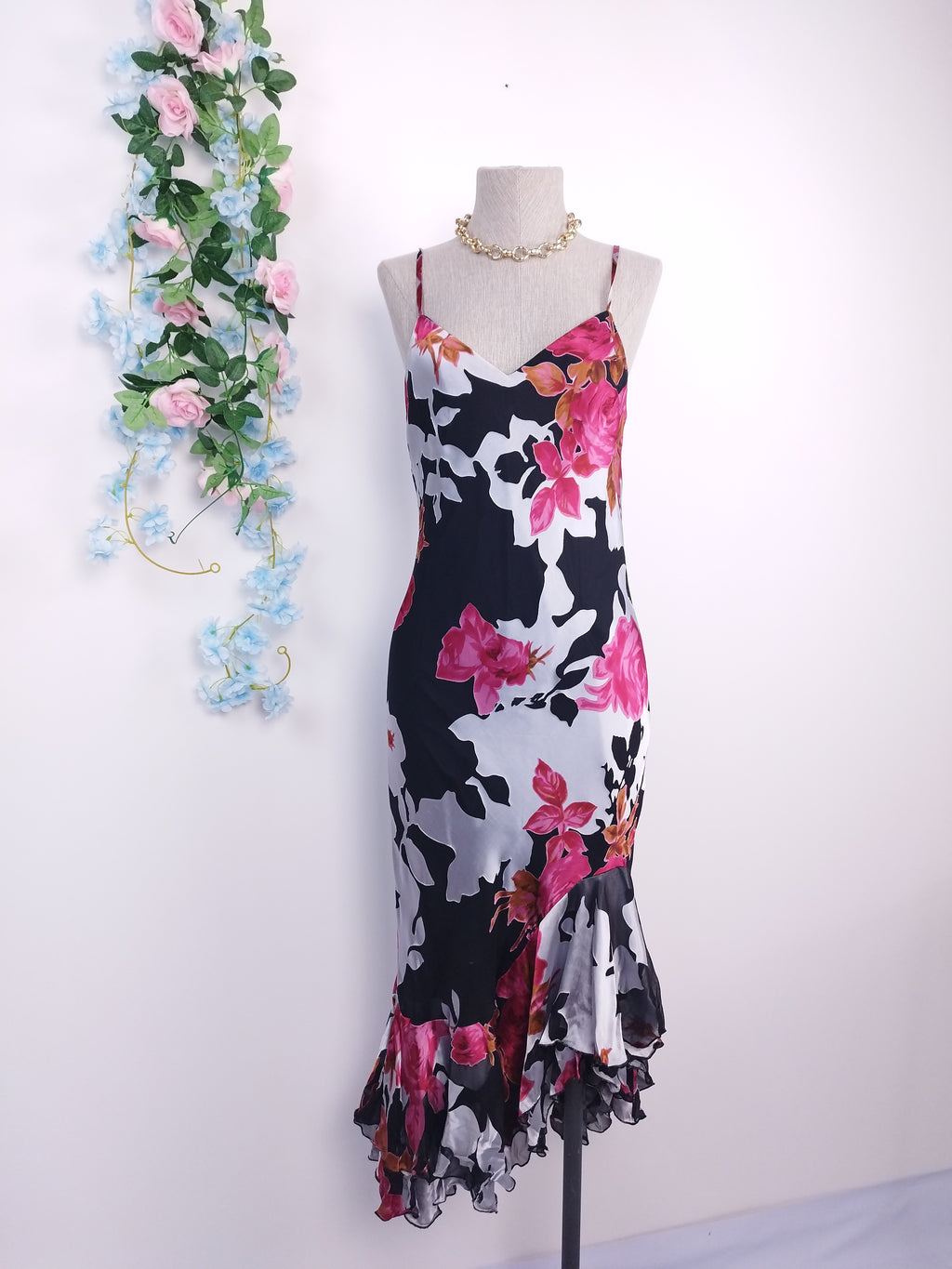 Vintage 90s Slip Dress — Floral Chiffon, Satin Appliqué & Asymmetric Ruffles