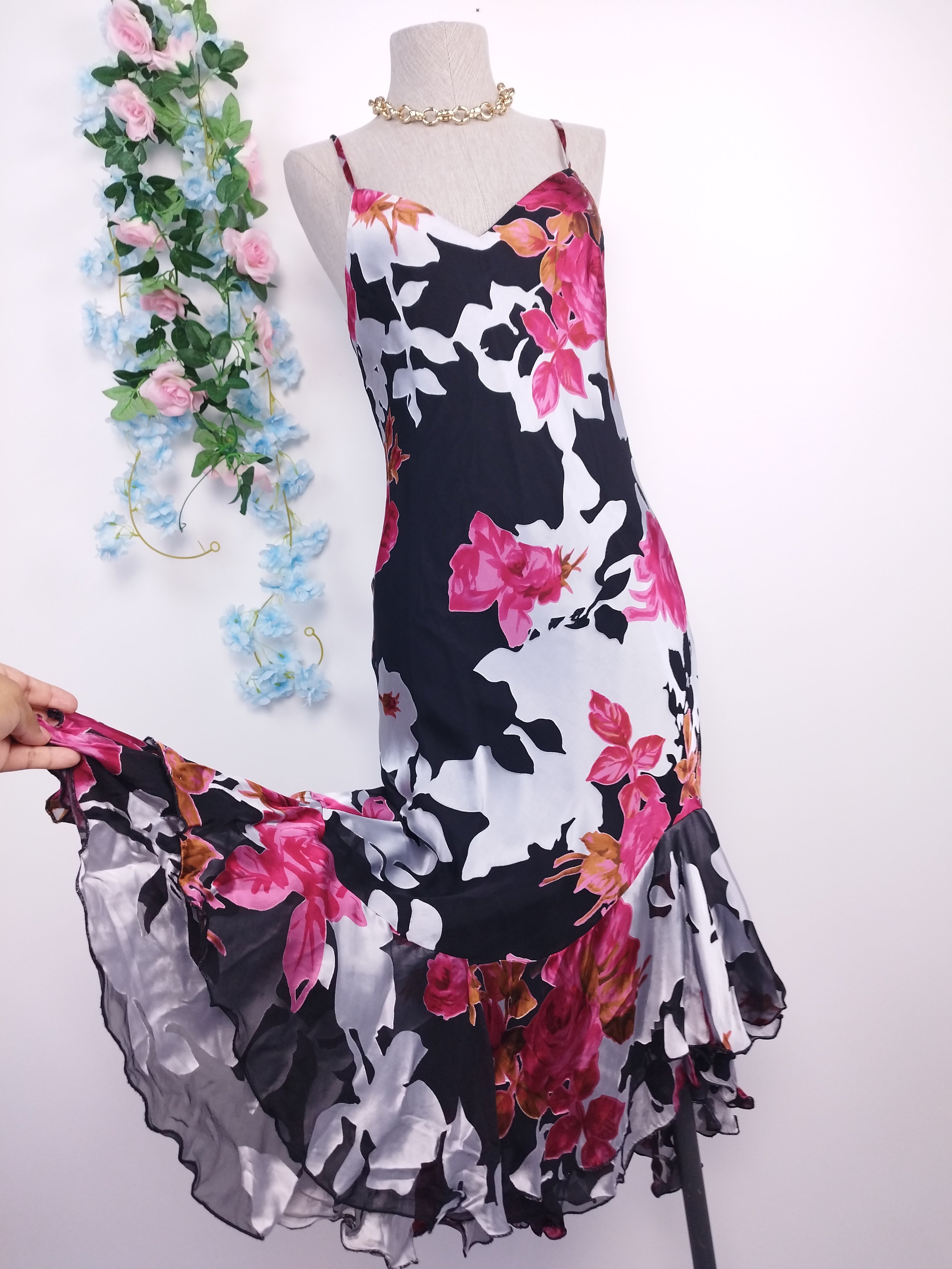 Vintage 90s Slip Dress — Floral Chiffon, Satin Appliqué & Asymmetric Ruffles