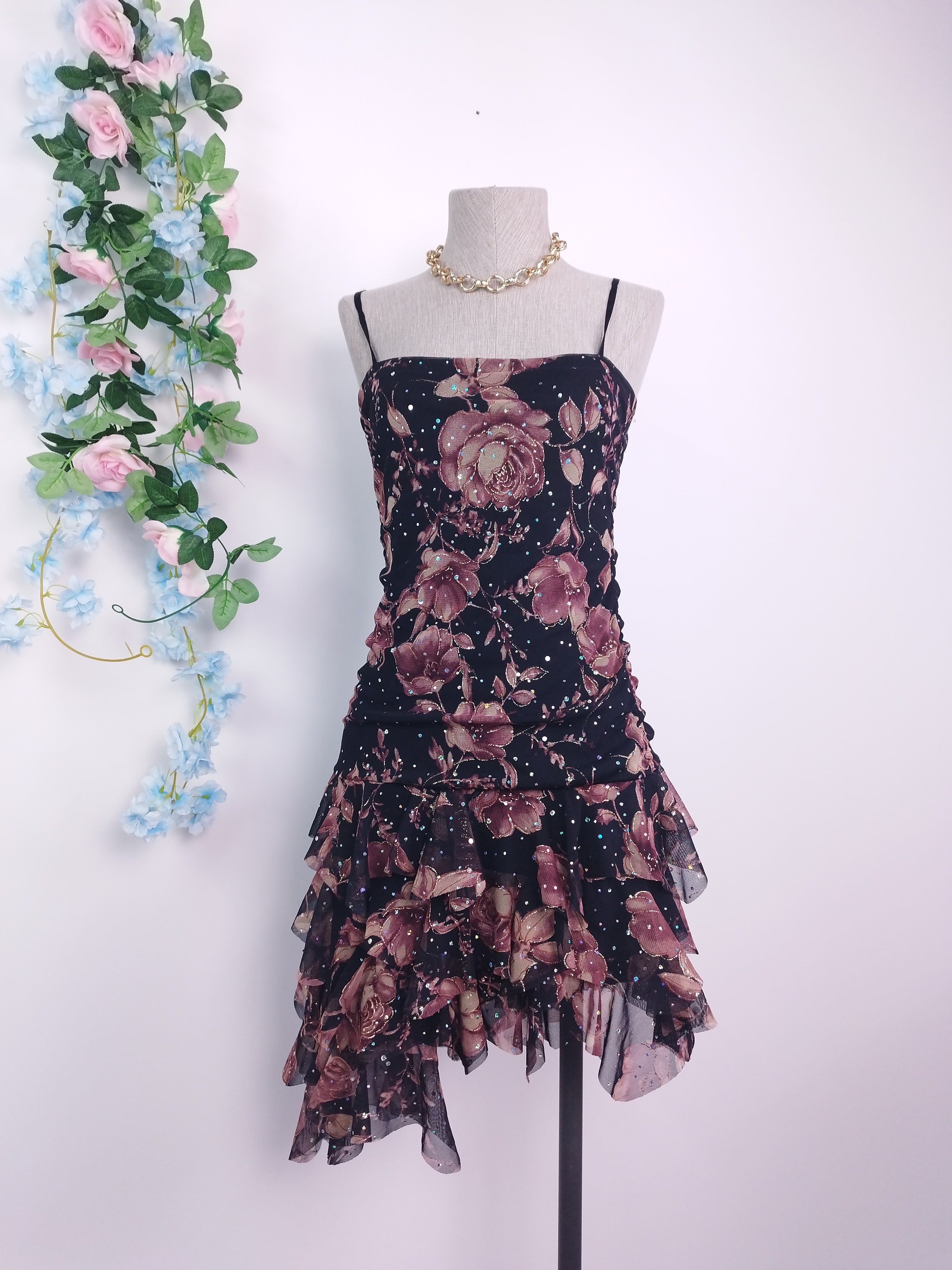 Vintage 2000s Y2K Tulle Dress — Strapless or Strappy, Floral & Iridescent Glitter