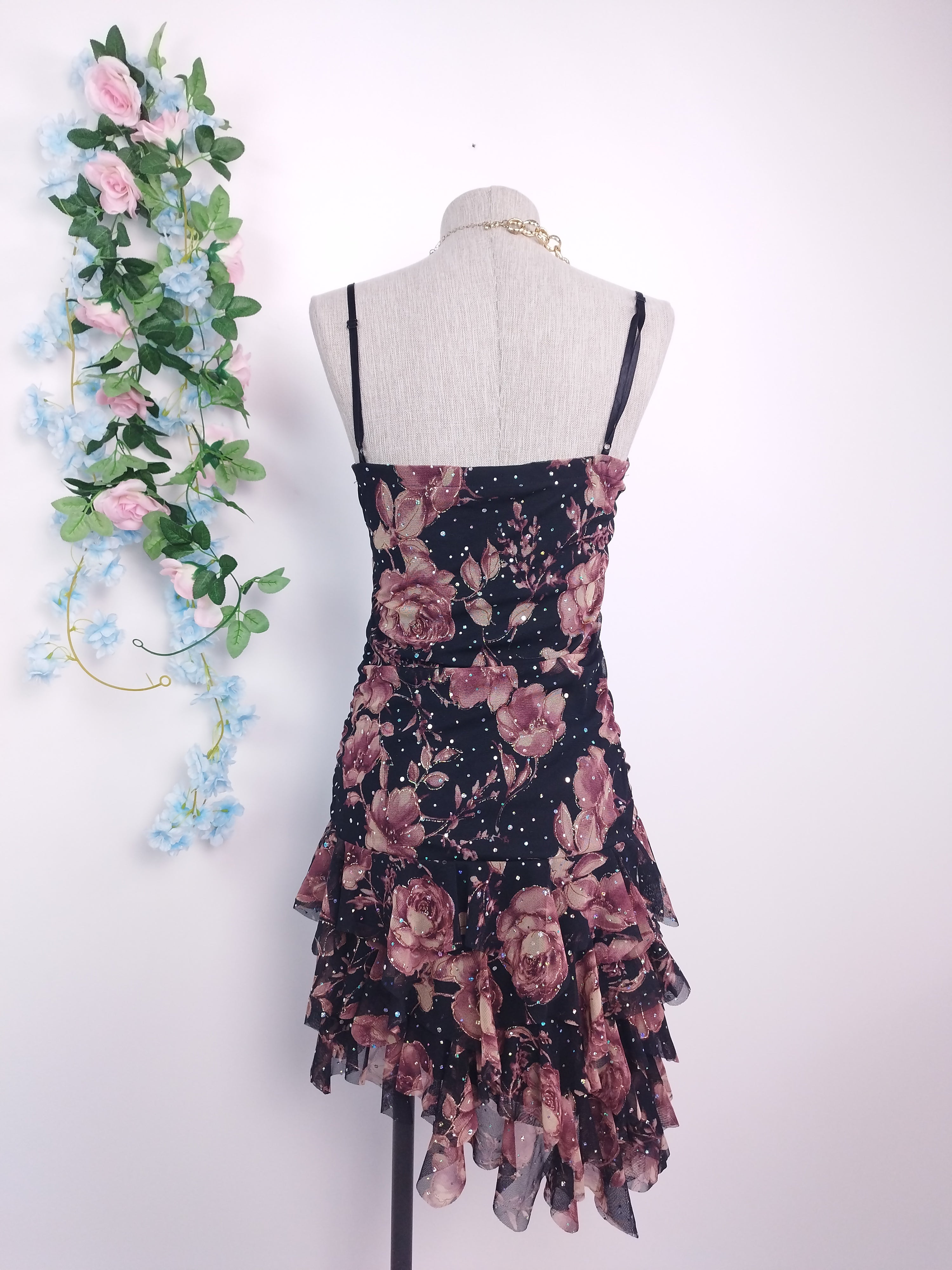 Vintage 2000s Y2K Tulle Dress — Strapless or Strappy, Floral & Iridescent Glitter