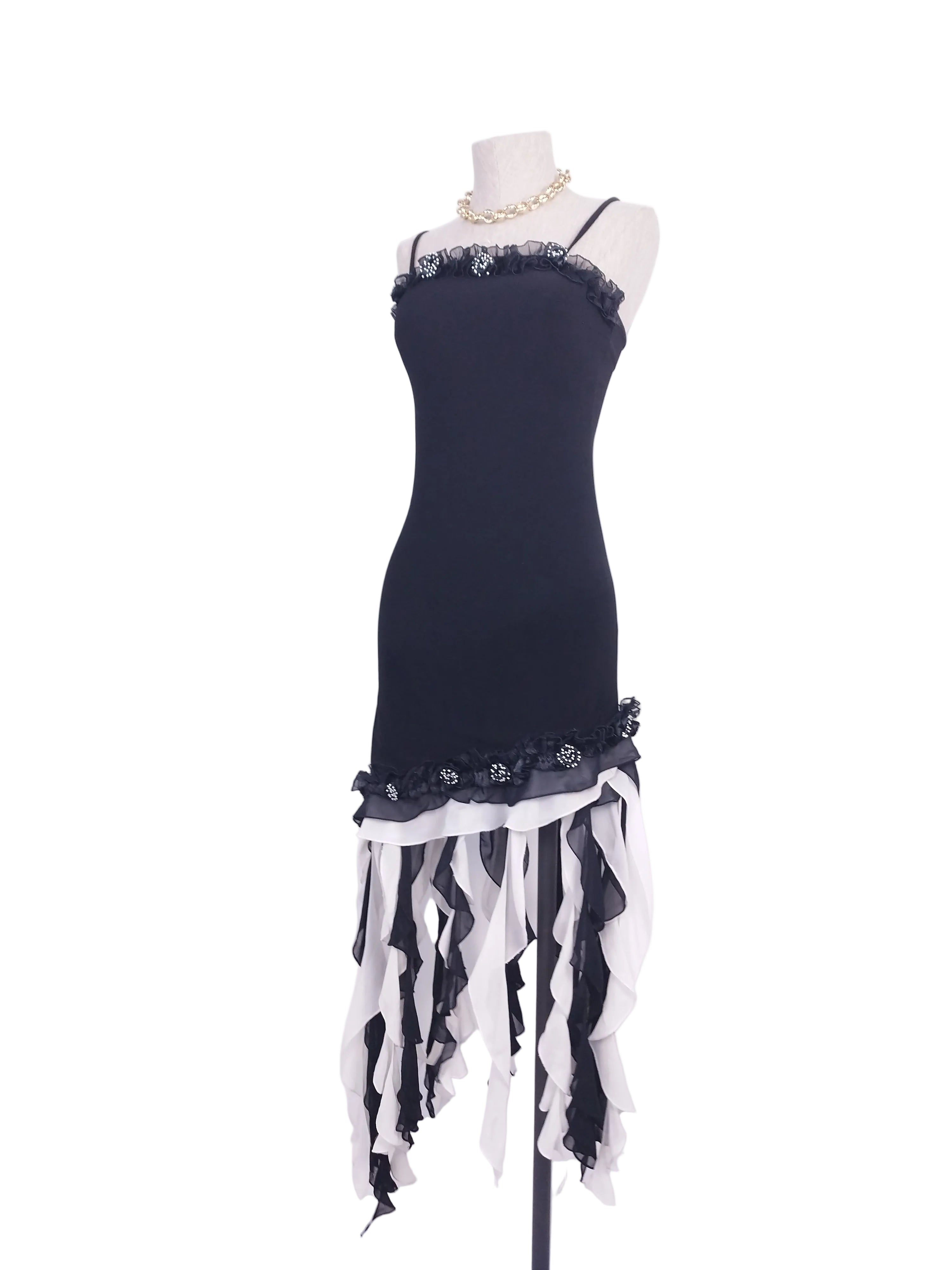Black Y2K floral fringe dress — Vintage 2000s fairycore party