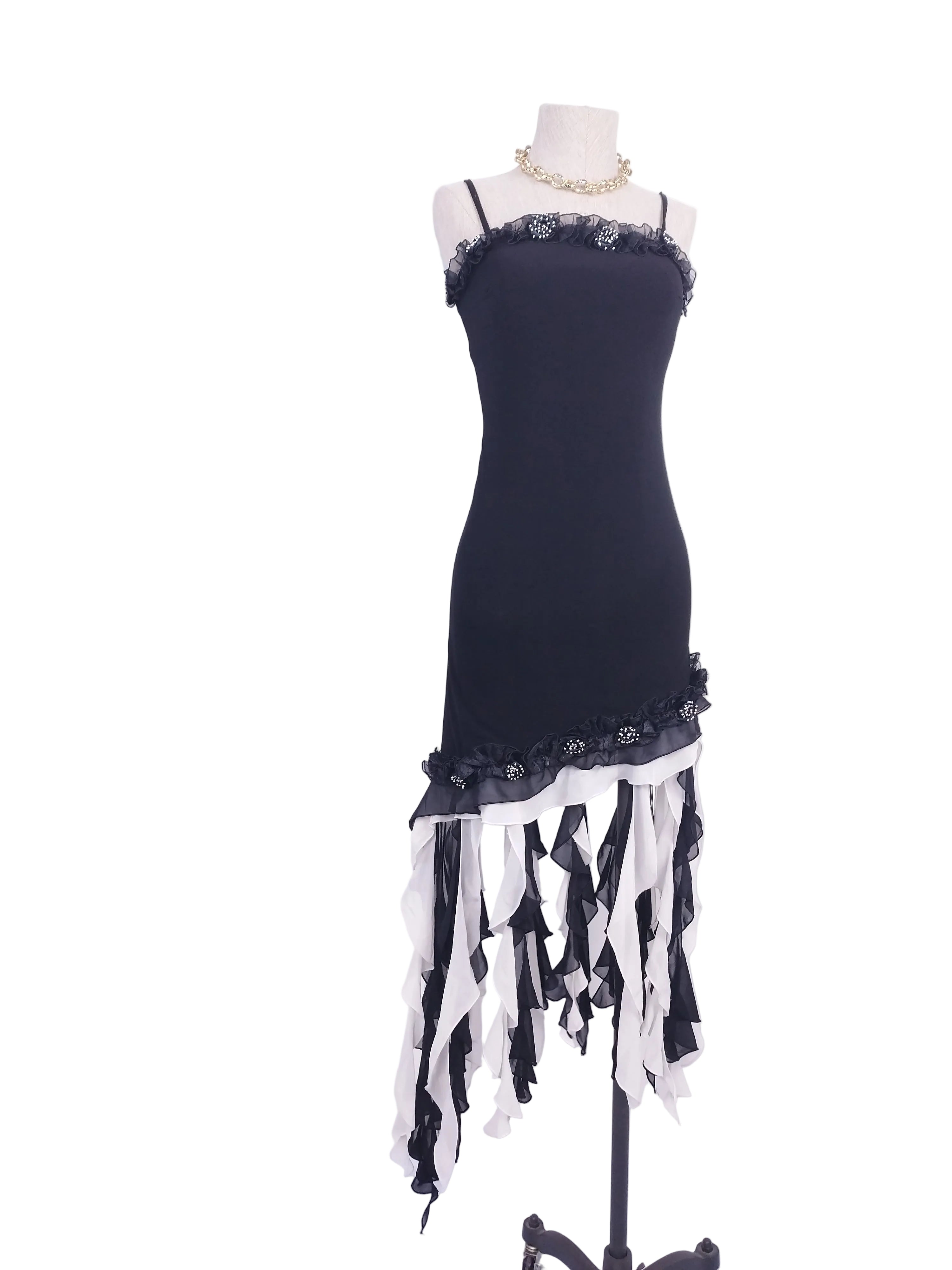 Black Y2K floral fringe dress — Vintage 2000s fairycore party