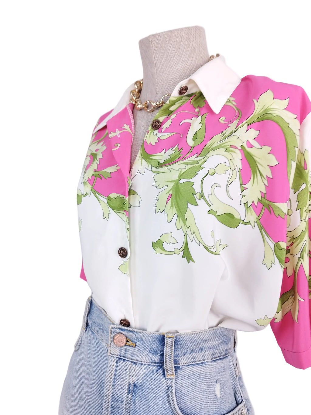 90s fuchsia baroque blouse — Green vines, satin-finish, boxy fit