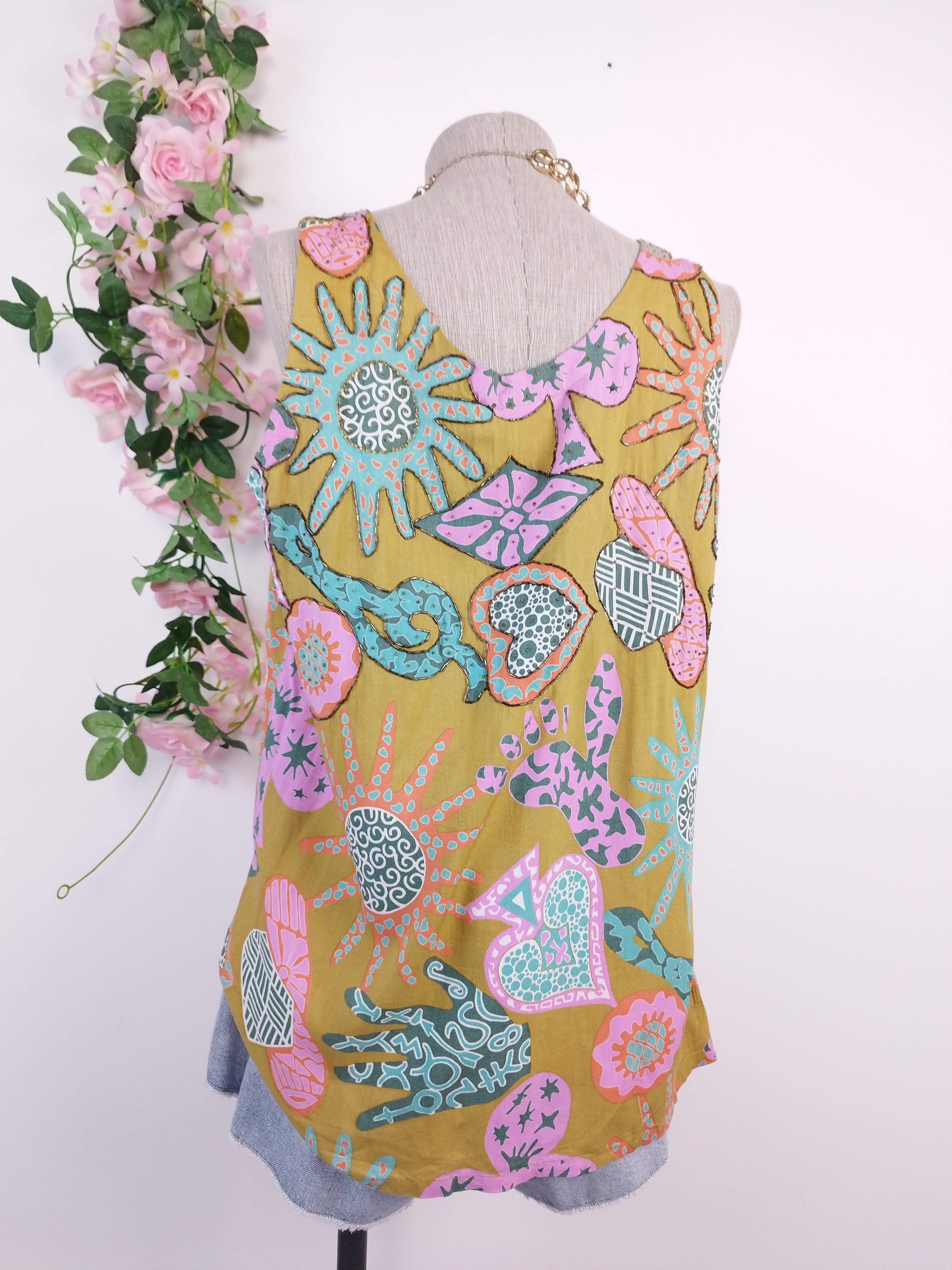 Mustard Y2K beaded top — Graphic floral patchwork & crystals