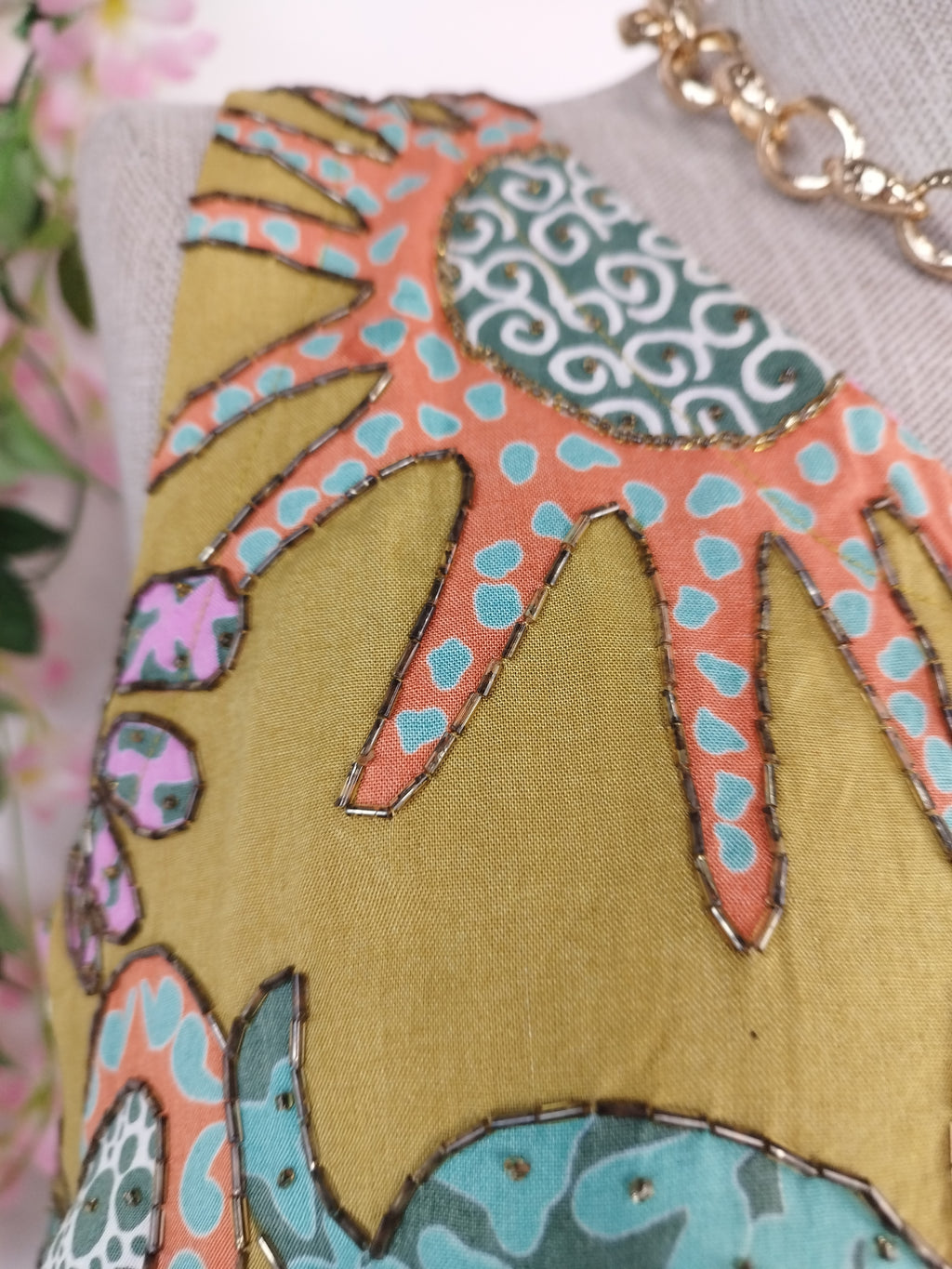 Mustard Y2K beaded top — Graphic floral patchwork & crystals