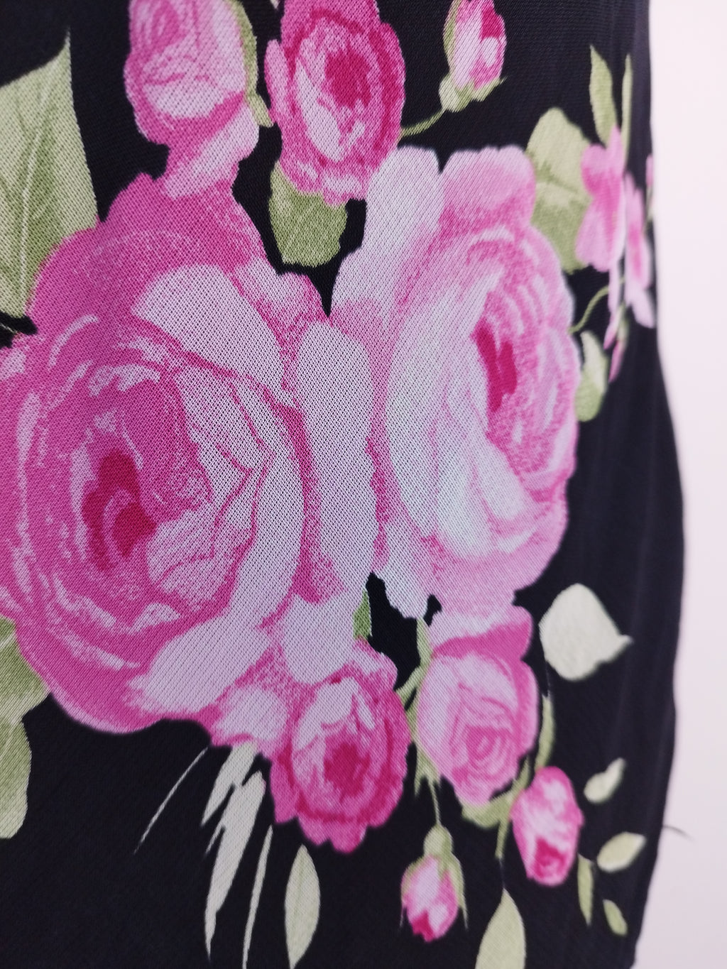 Black Y2K floral chiffon dress — Pink roses & polka-dot ruffles