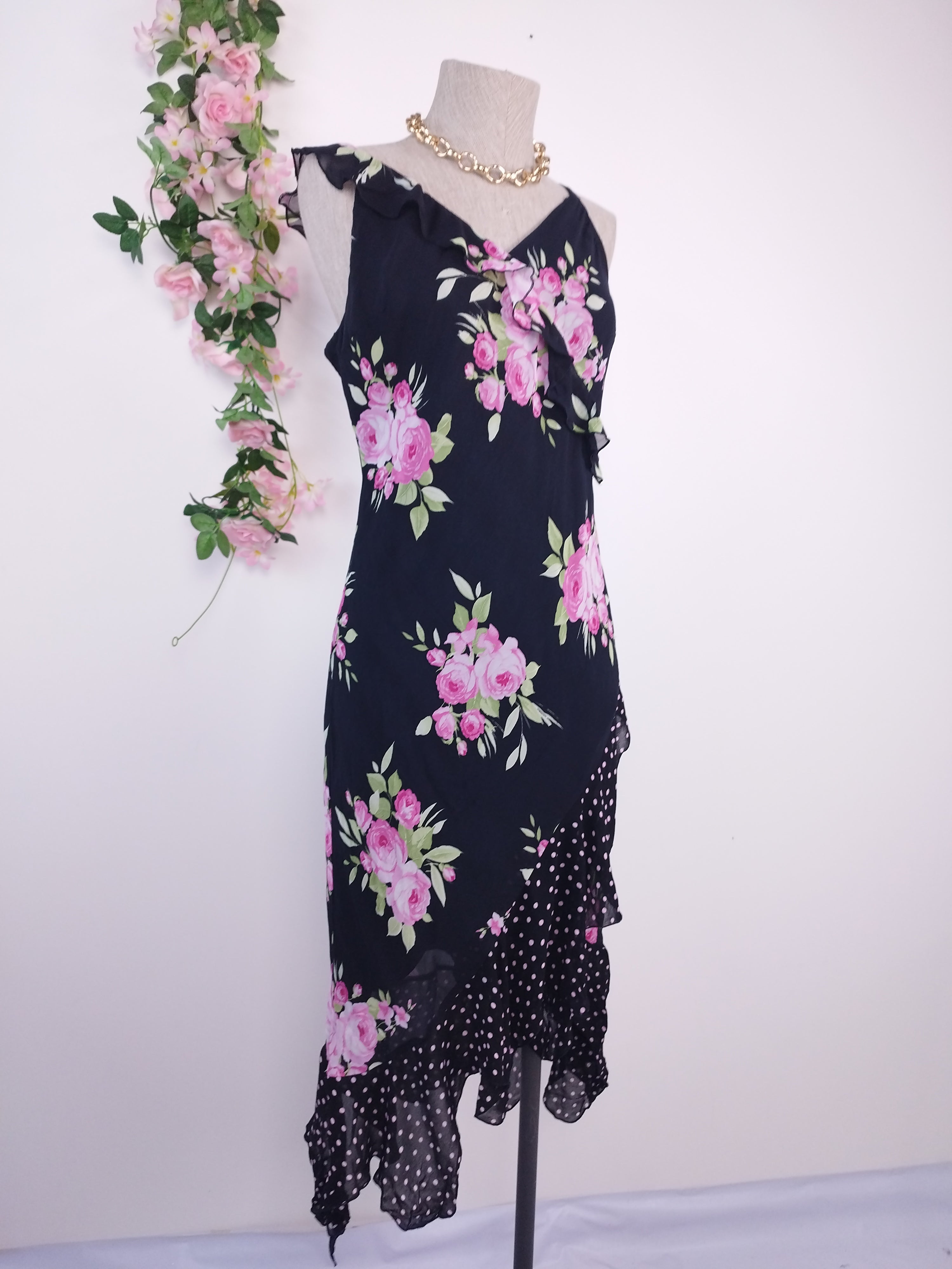 Black Y2K floral chiffon dress — Pink roses & polka-dot ruffles