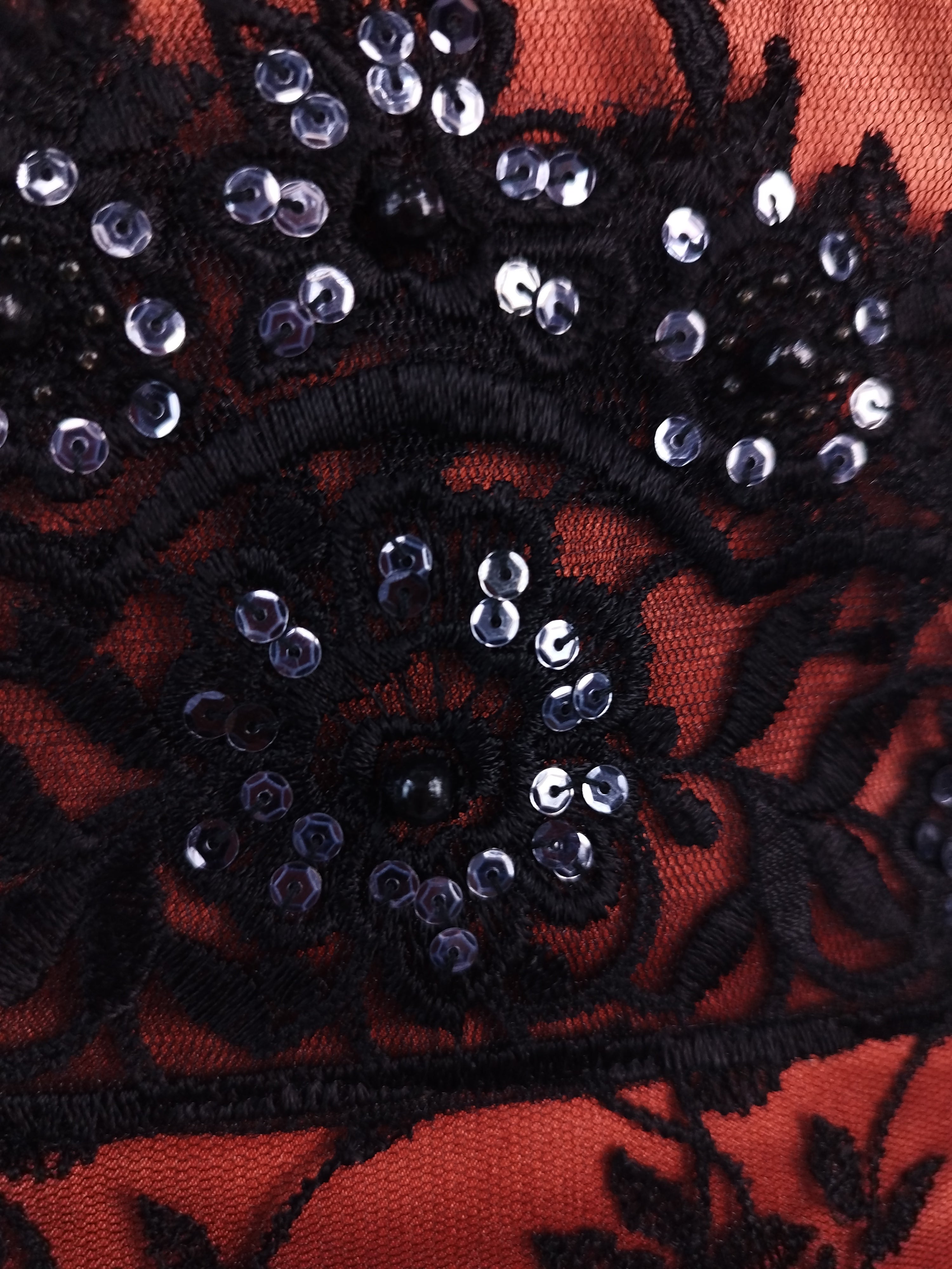Rust Y2K mermaid gown — Black lace & crystal sequin floral
