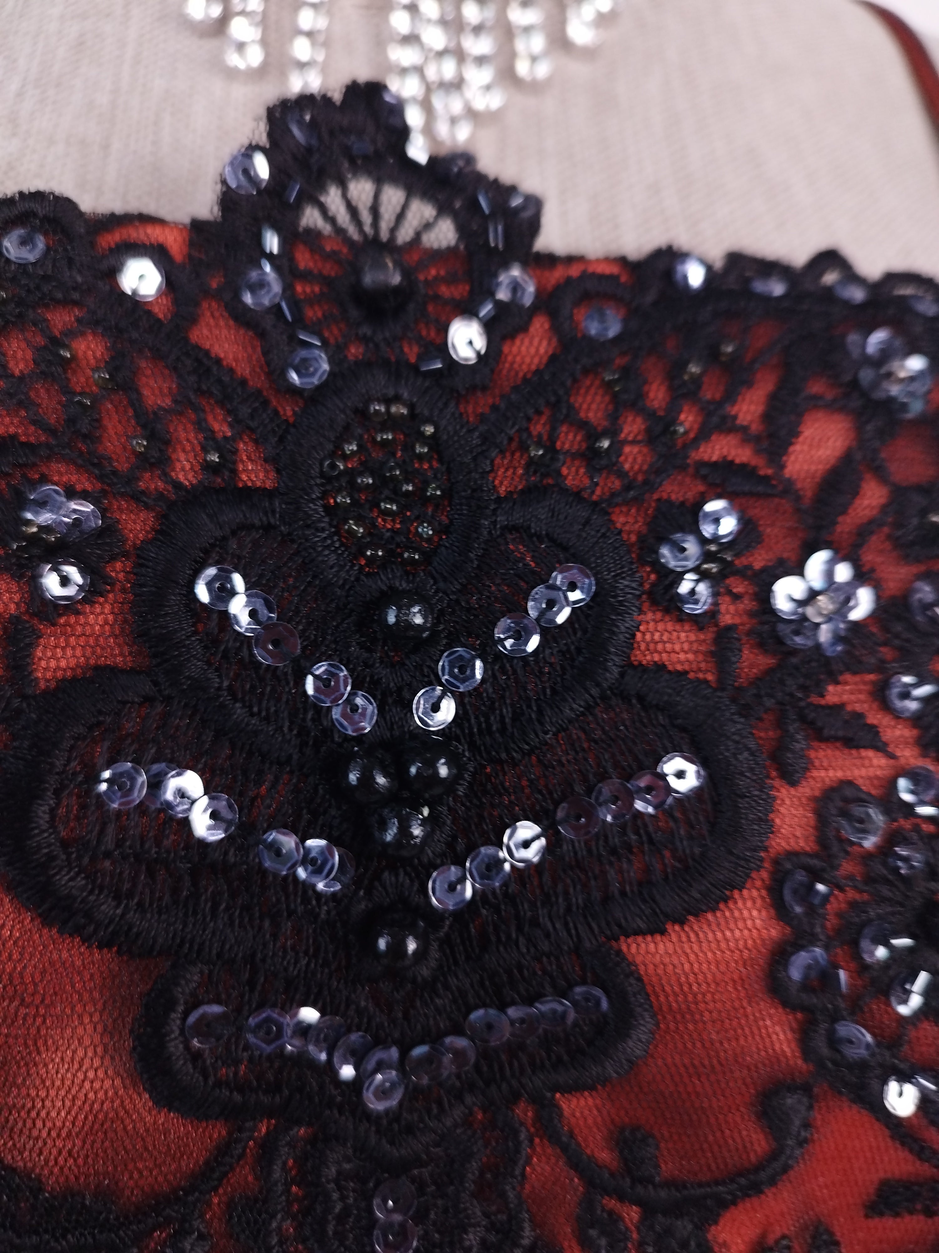 Rust Y2K mermaid gown — Black lace & crystal sequin floral