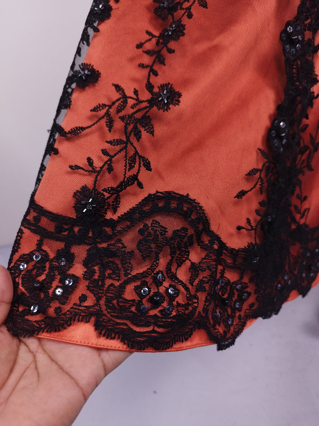 Rust Y2K mermaid gown — Black lace & crystal sequin floral