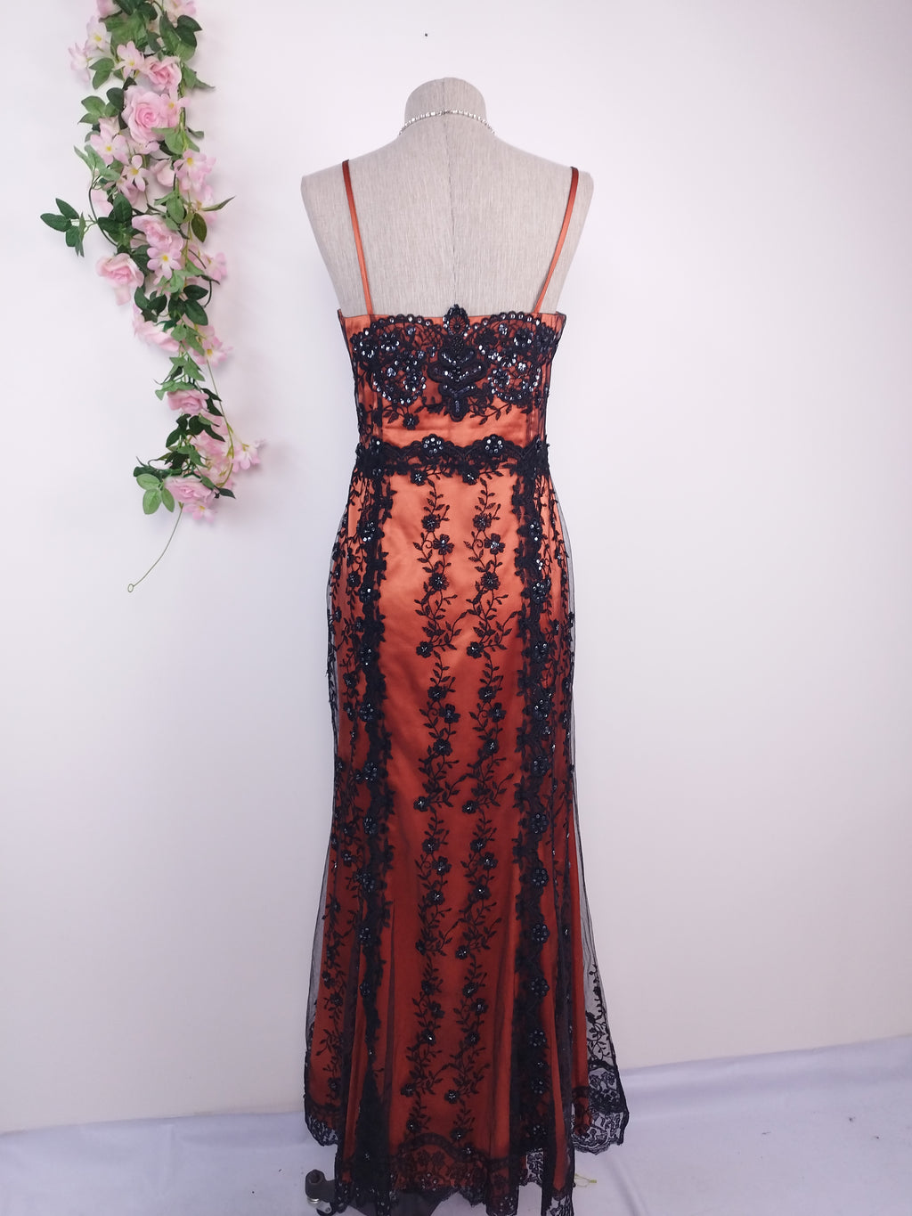 Rust Y2K mermaid gown — Black lace & crystal sequin floral