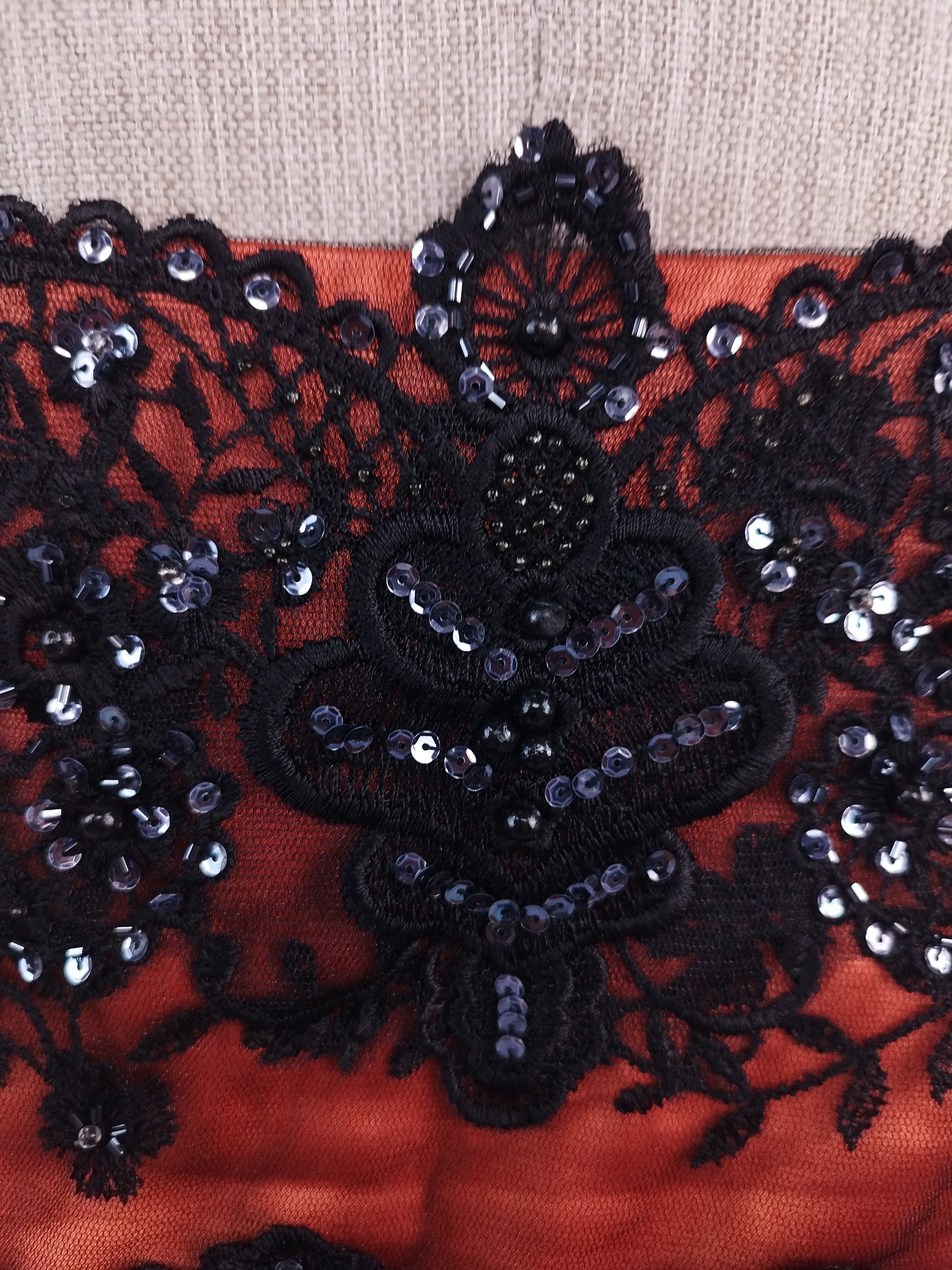 Rust Y2K mermaid gown — Black lace & crystal sequin floral