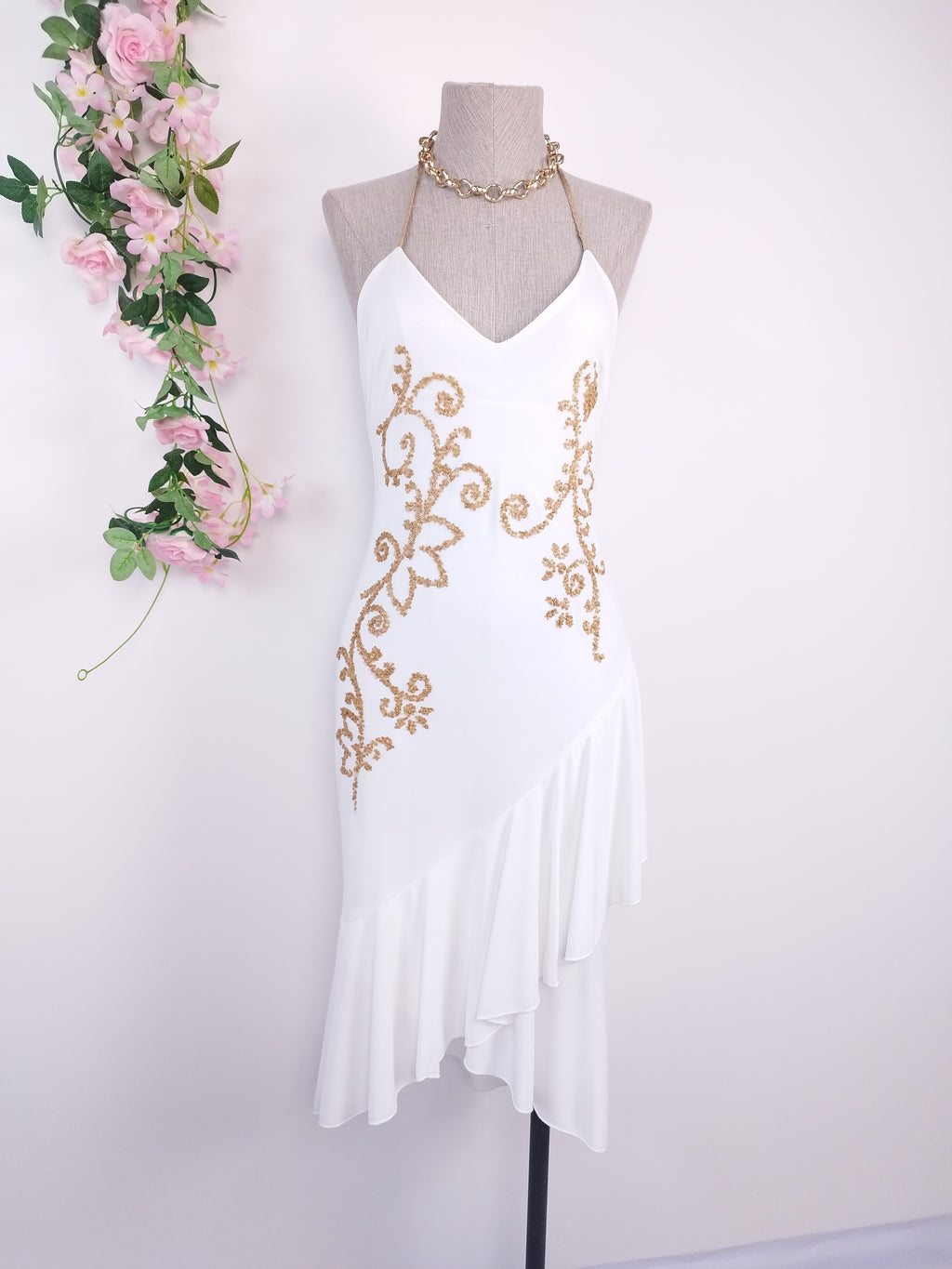 White Y2K gold sequin dress — Made in Italy halter midi