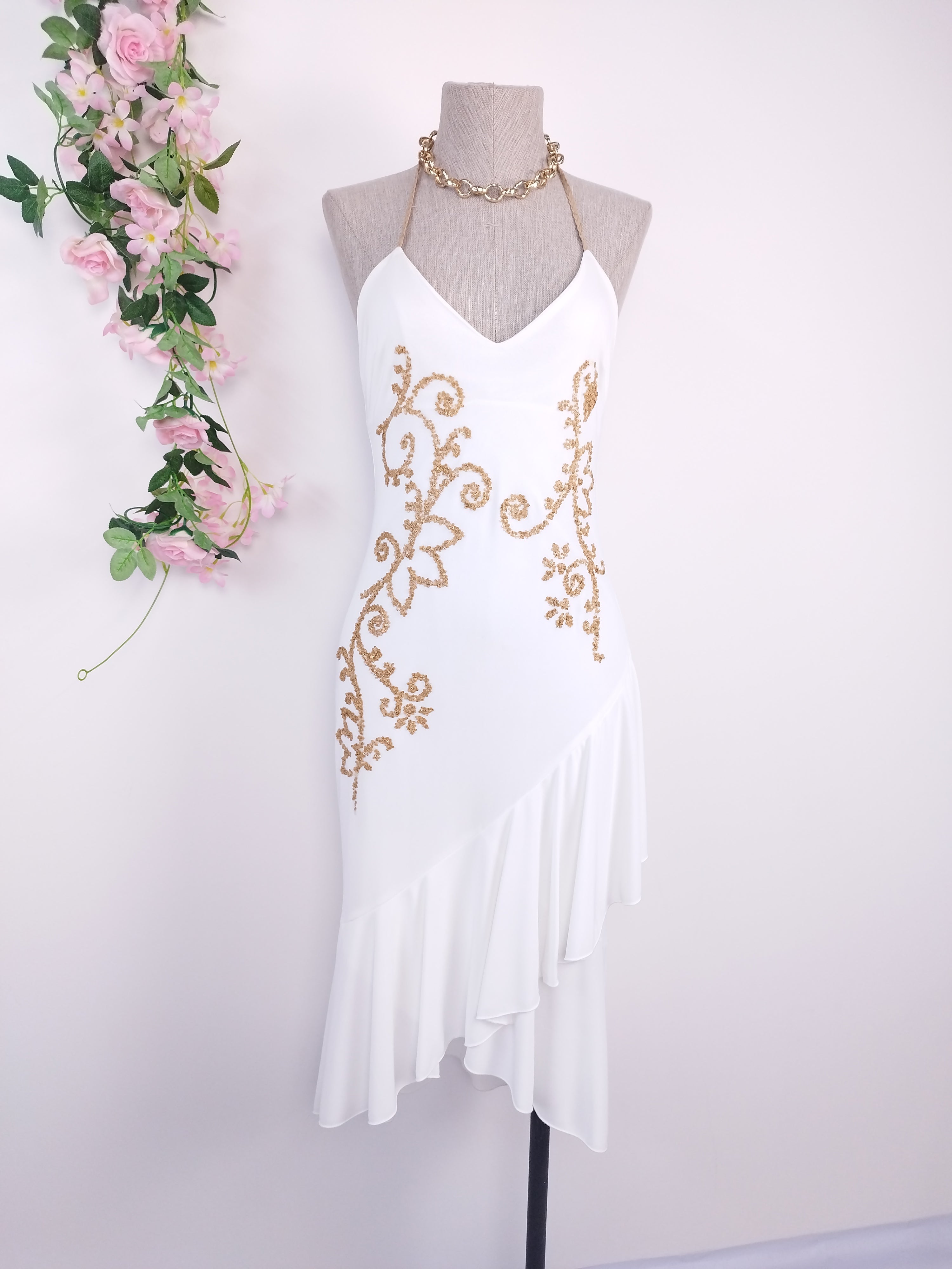 White Y2K gold sequin dress — Made in Italy halter midi