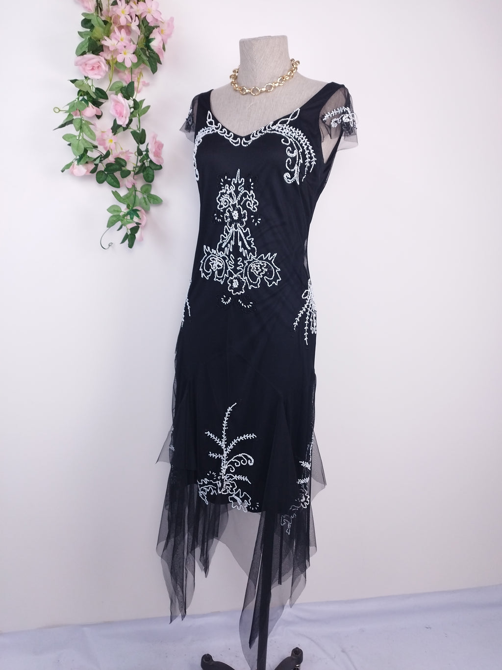 Black Y2K beaded gown — White floral baroque, asymmetrical hem
