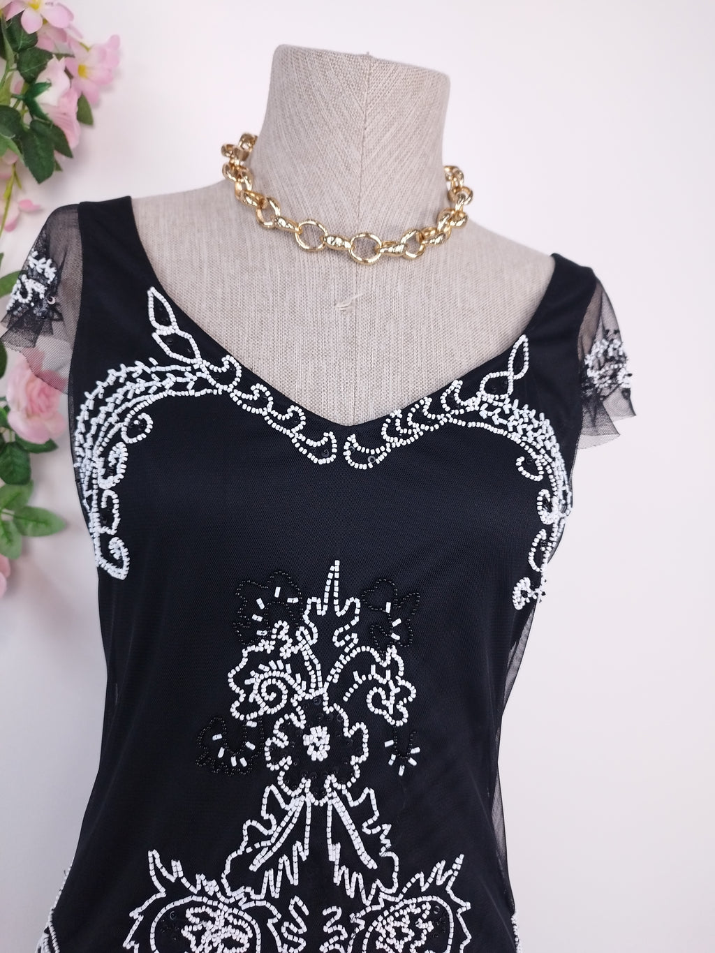 Black Y2K beaded gown — White floral baroque, asymmetrical hem