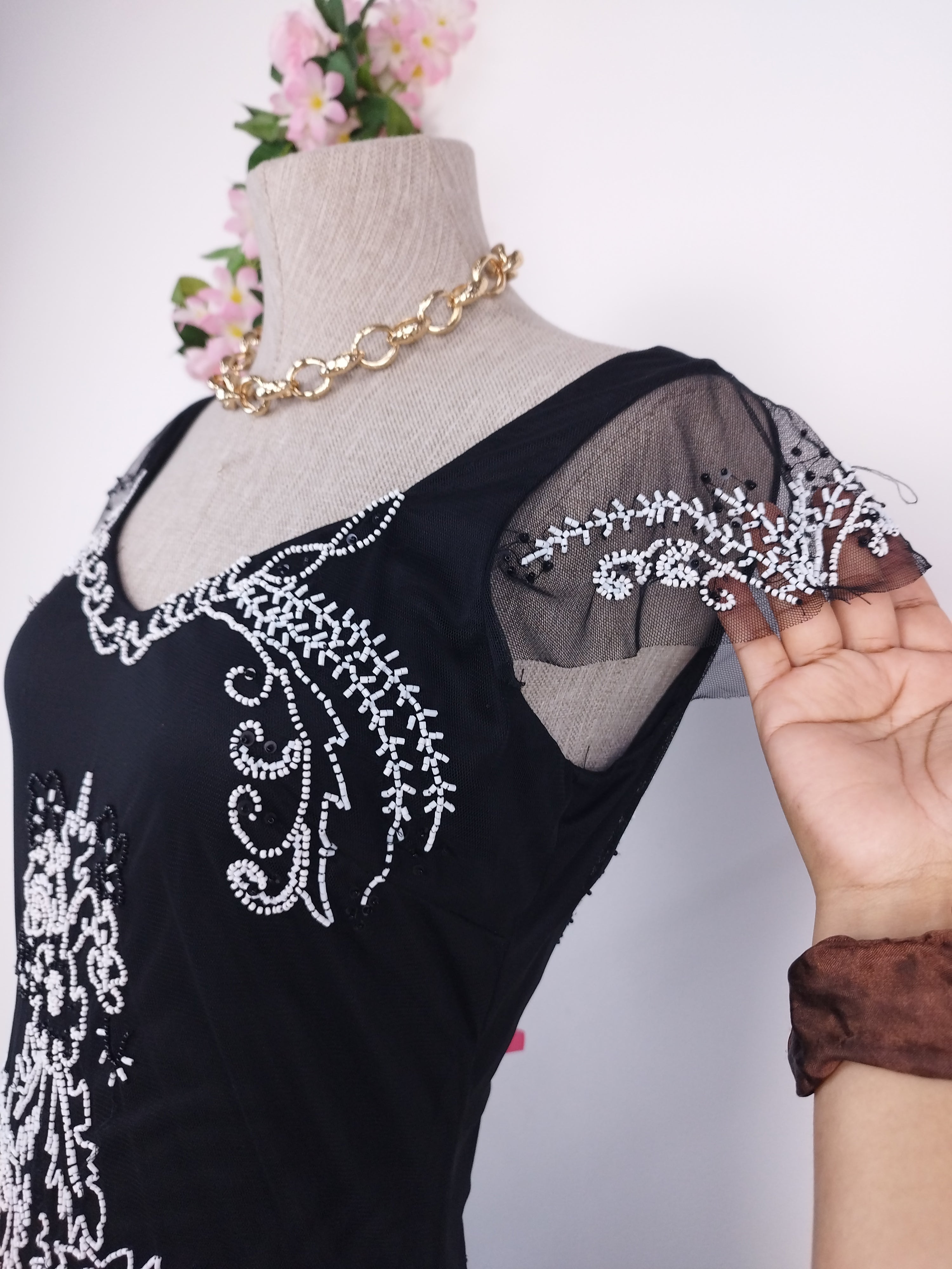 Black Y2K beaded gown — White floral baroque, asymmetrical hem