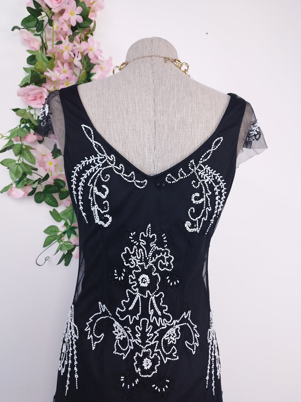 Black Y2K beaded gown — White floral baroque, asymmetrical hem