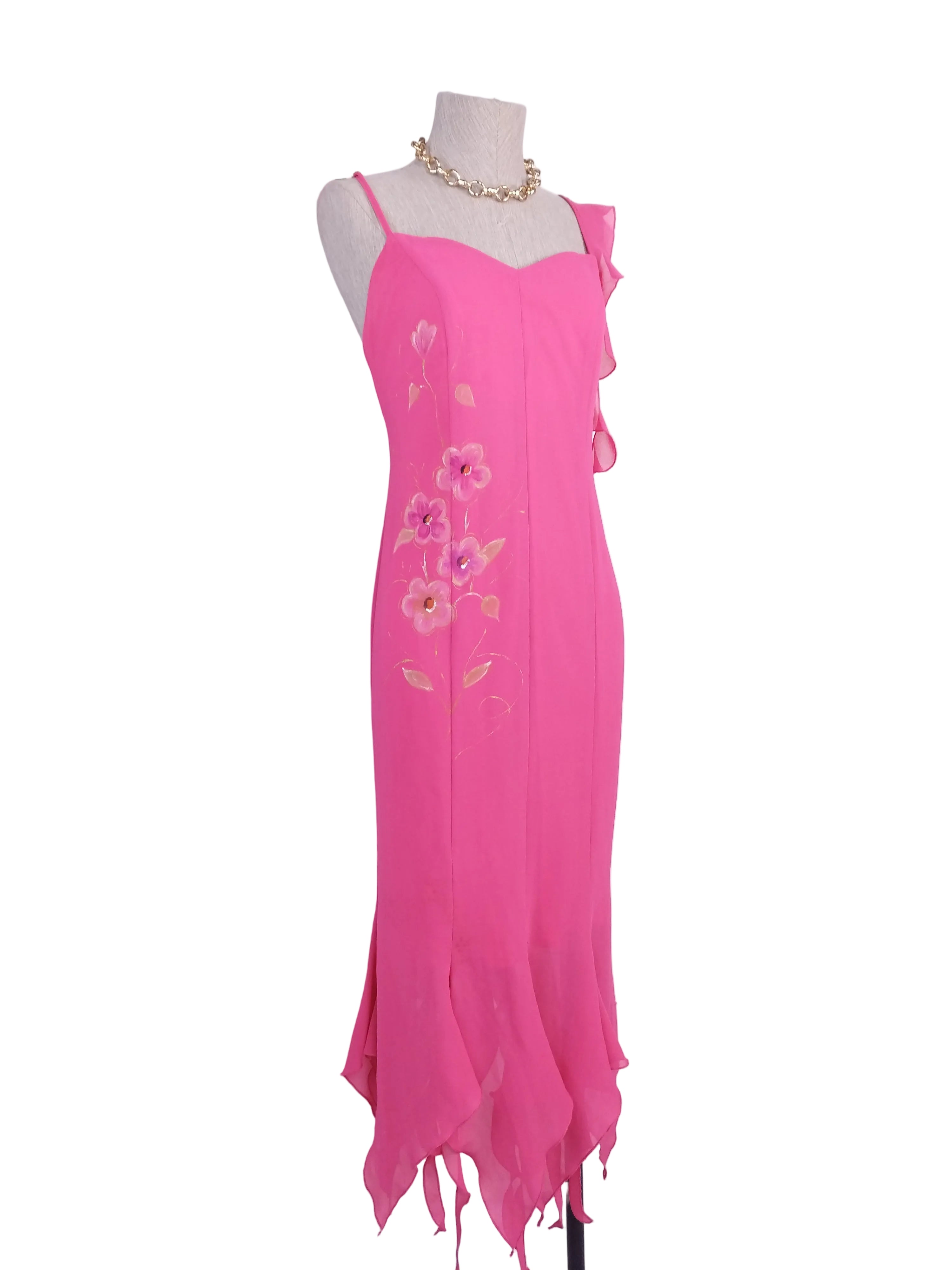 Y2K hand-painted pink gown — Gold florals, asymmetrical ruffle, criss-cross back