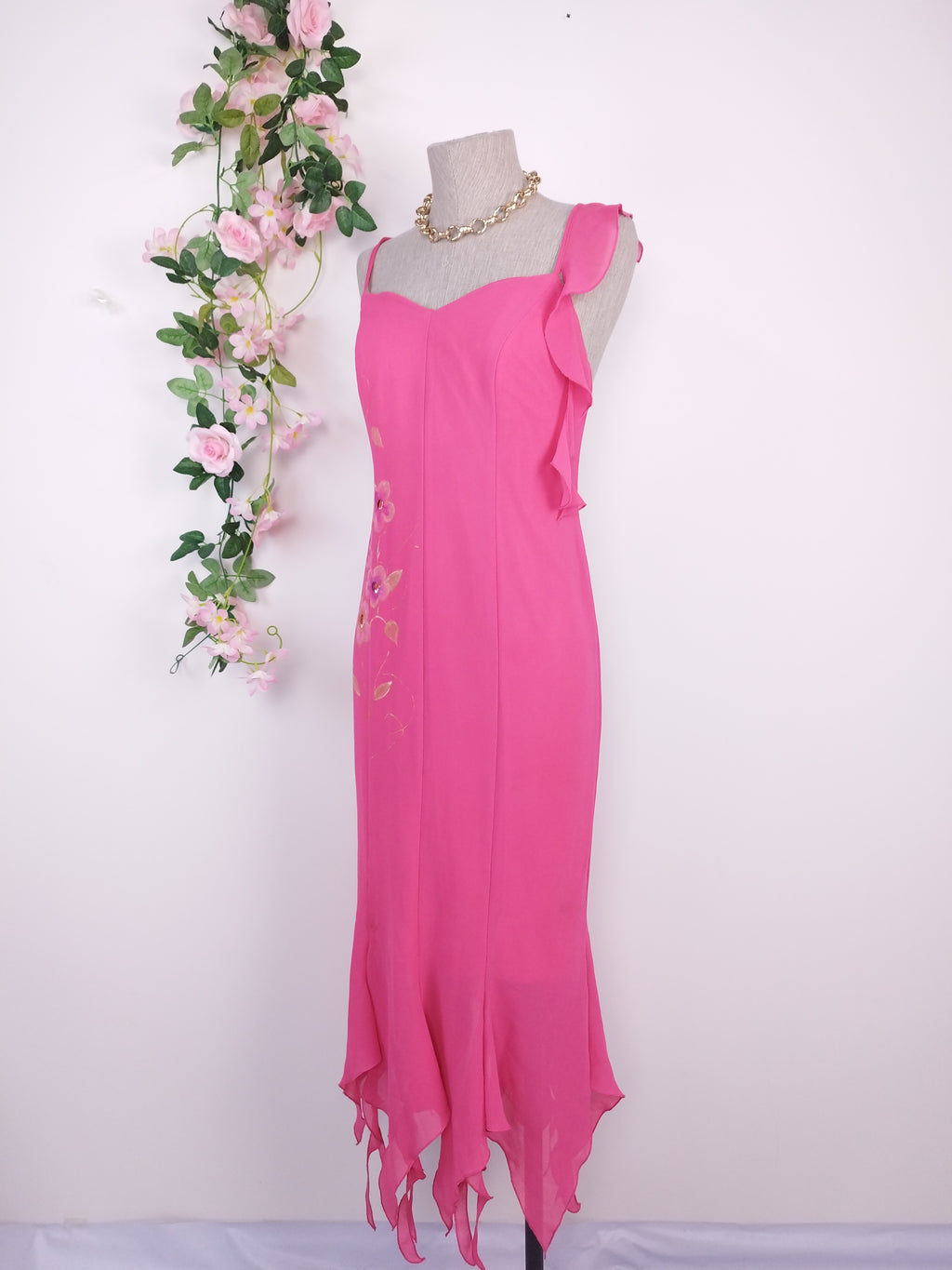 Y2K hand-painted pink gown — Gold florals, asymmetrical ruffle, criss-cross back