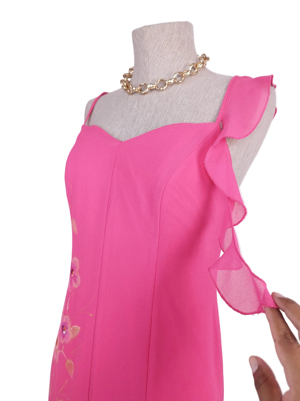 Y2K hand-painted pink gown — Gold florals, asymmetrical ruffle, criss-cross back