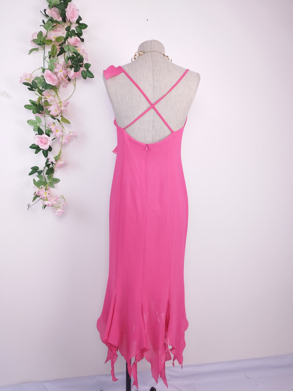 Y2K hand-painted pink gown — Gold florals, asymmetrical ruffle, criss-cross back