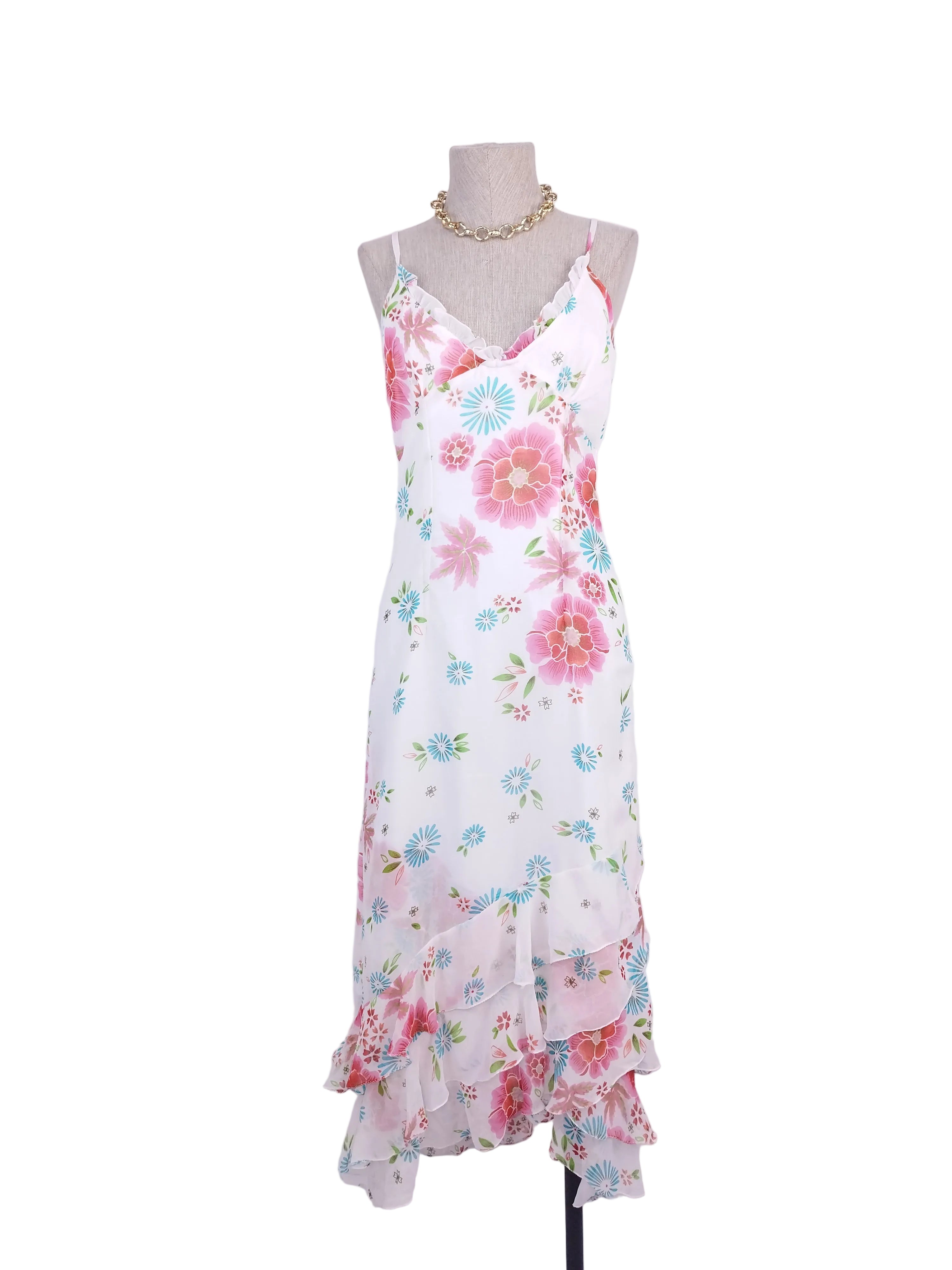 White pastel floral Y2K slip dress — Vintage 2000s boho summer