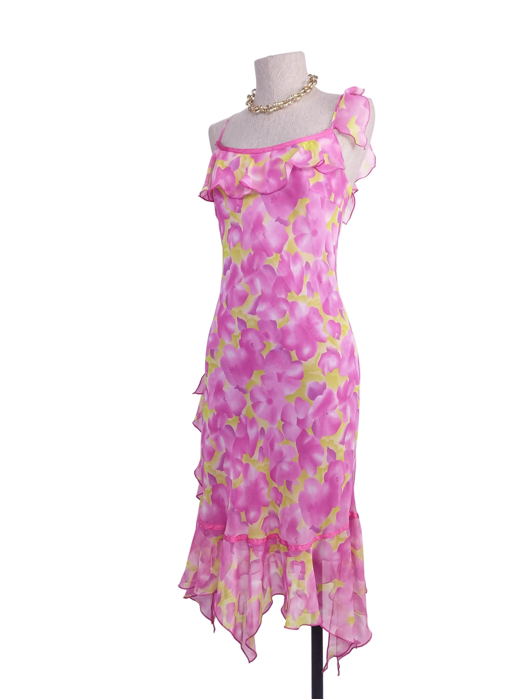 Y2K fairycore chiffon dress — Fuchsia lemon florals, ruffled straps