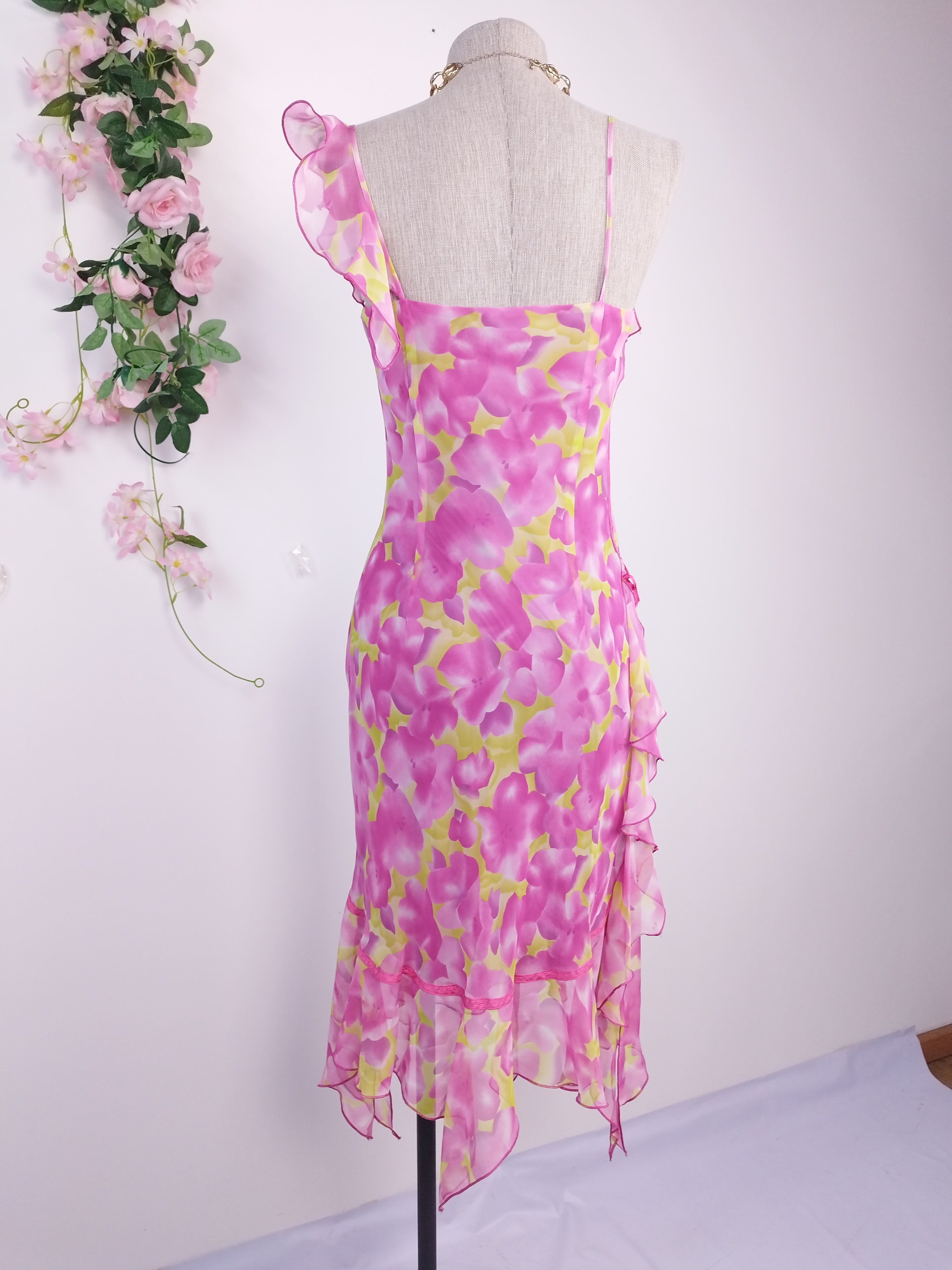Y2K fairycore chiffon dress — Fuchsia lemon florals, ruffled straps