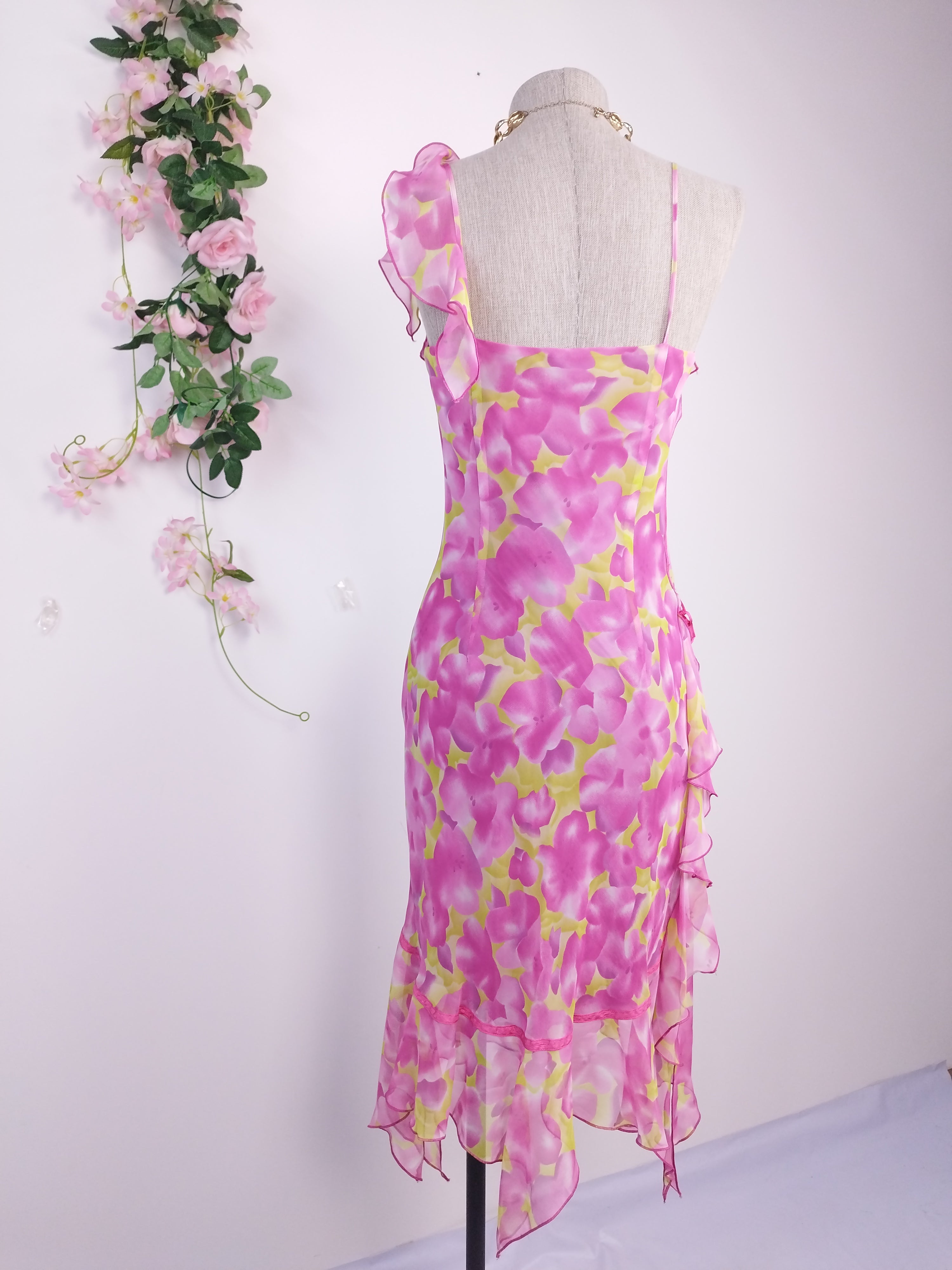 Y2K fairycore chiffon dress — Fuchsia lemon florals, ruffled straps