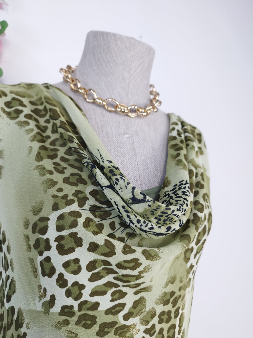 Olive leopard Y2K maxi dress — Vintage 2000s draped slip boho