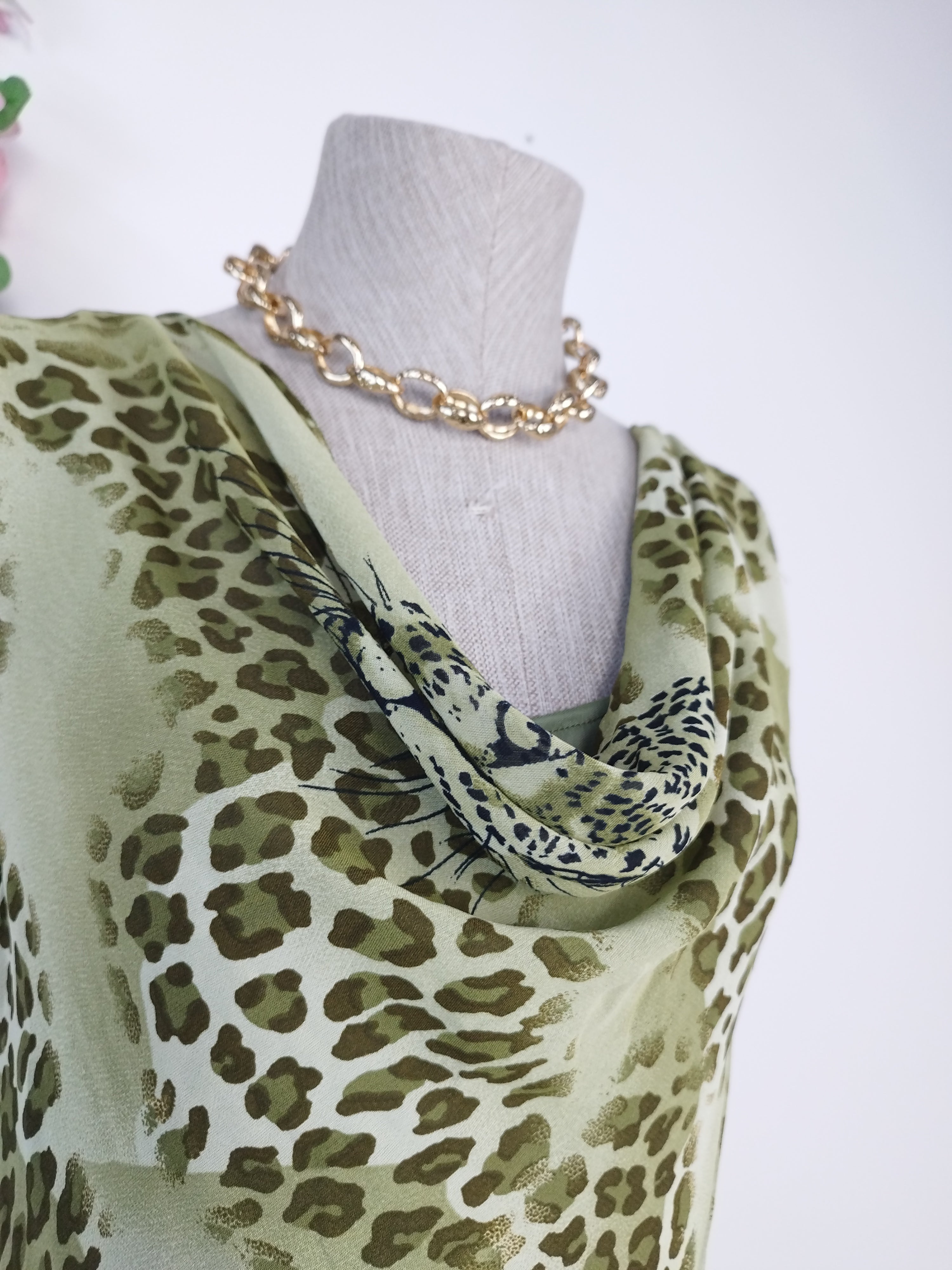 Olive leopard Y2K maxi dress — Vintage 2000s draped slip boho