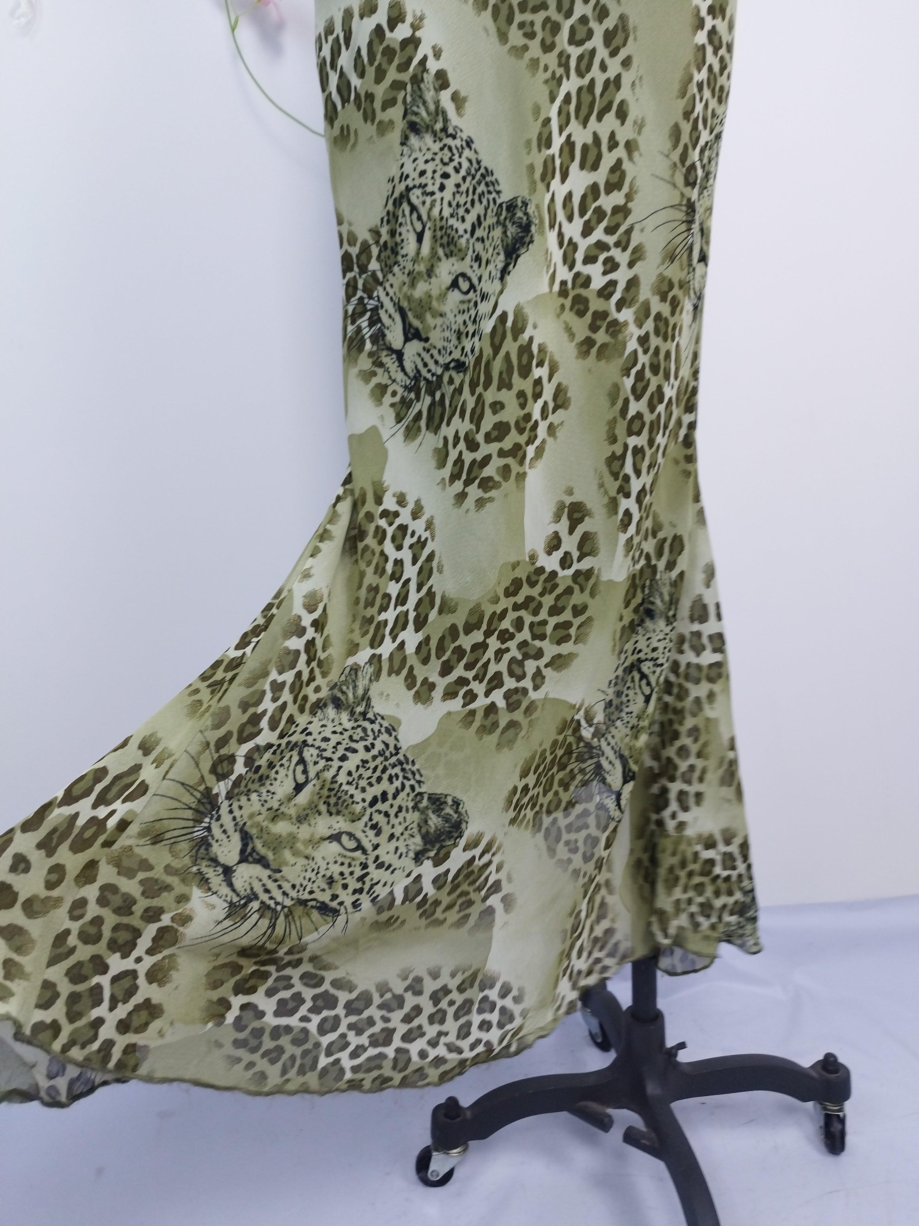 Olive leopard Y2K maxi dress — Vintage 2000s draped slip boho