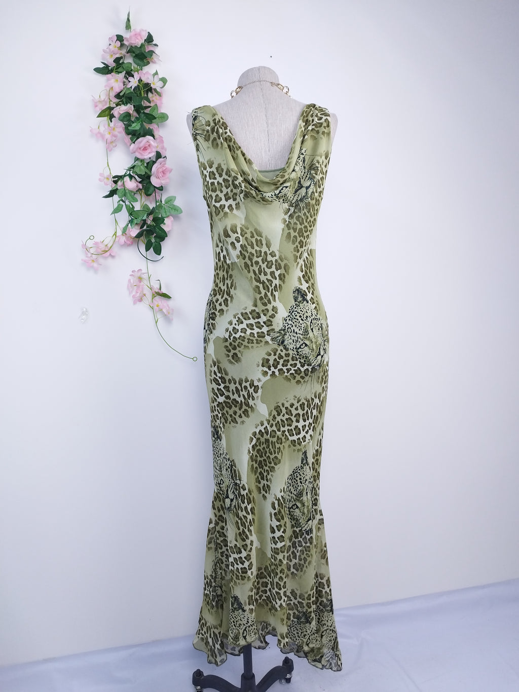 Olive leopard Y2K maxi dress — Vintage 2000s draped slip boho